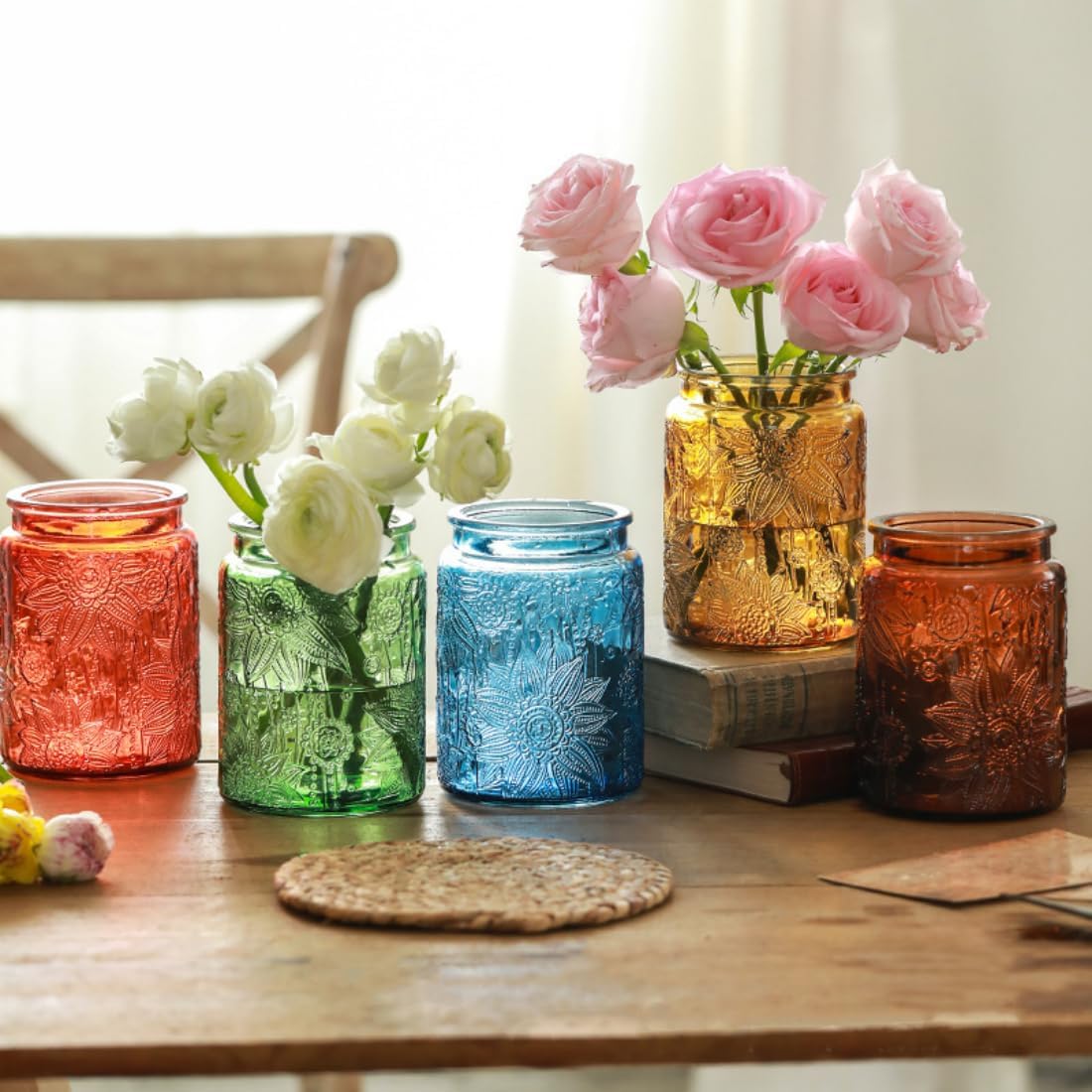 ANSQU Set of 2 Vintage Glass Canister, 23.7oz Candy Jars with Lids, Vintage Colored Mason Jar for Kitchen Decorative Jars for Coffee Tea Cookies, Cute Jar (Blue & Green)