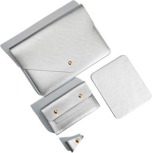PU Leather Laptop Sleeve Compatible with New 14 inch MacBook Pro A2992 A2918,Old MacBook Pro Air 13, Surface Laptop 7th Gen 13.5, Thinkpad X1 Carbon 14 Set of 4PCS Color Silver