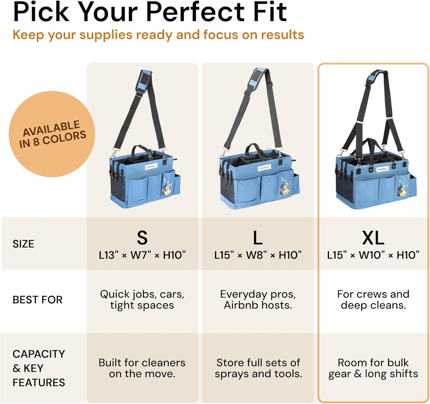 FifthStart Multiuse Organizer Bag - X-Large, Blue - 9 Pockets & Mesh Base for Cleaning Supply Organizer - Adjustable Waist & Shoulder Straps for Cleaning Caddy - Use as Housekeeping Caddy