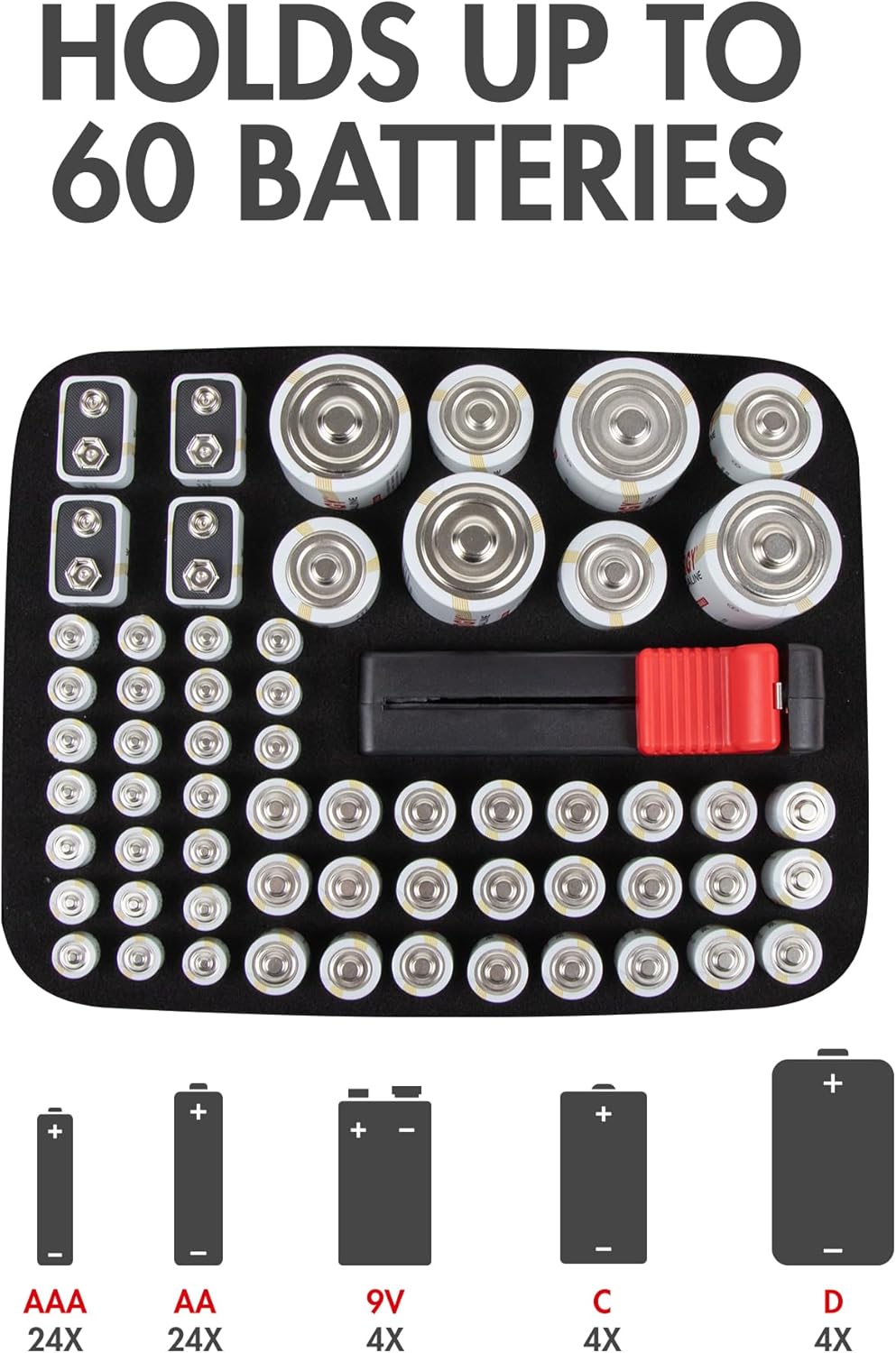 Tenergy Alkaline Batteries & Storage Case, 24xAAs, 24xAAAs, 4xC Size, 4xD Size, 4x9V Size Batteries, and Battery Organizer Case