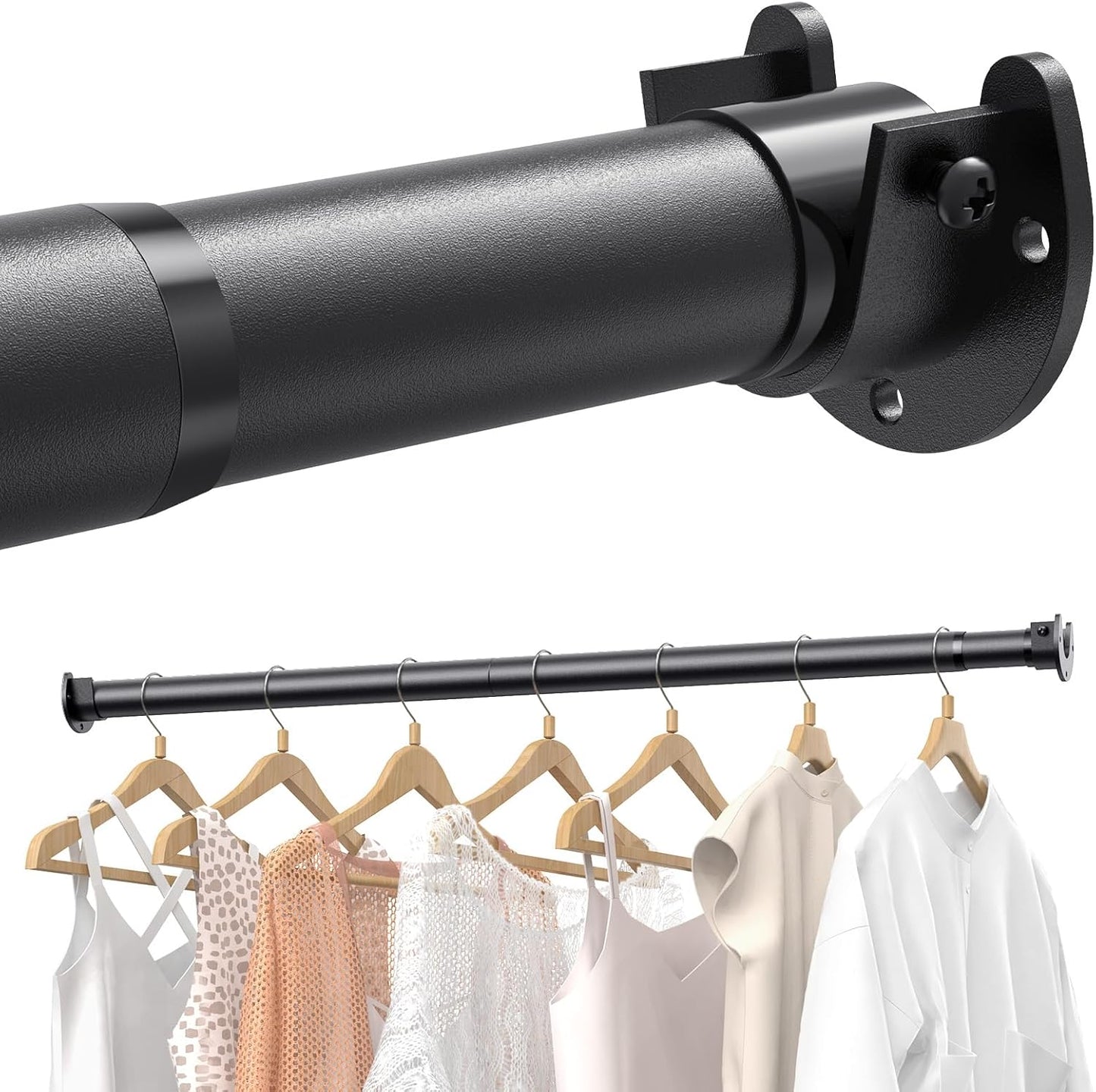 Closet Rods for Hanging Clothes, 17 to 54 Inches Stepless Adjustable Metal Closet Rod, 1.3 Inches Heavy Duty Clothes Hanging Rod for Closet Wardrobes Laundry RV, Black