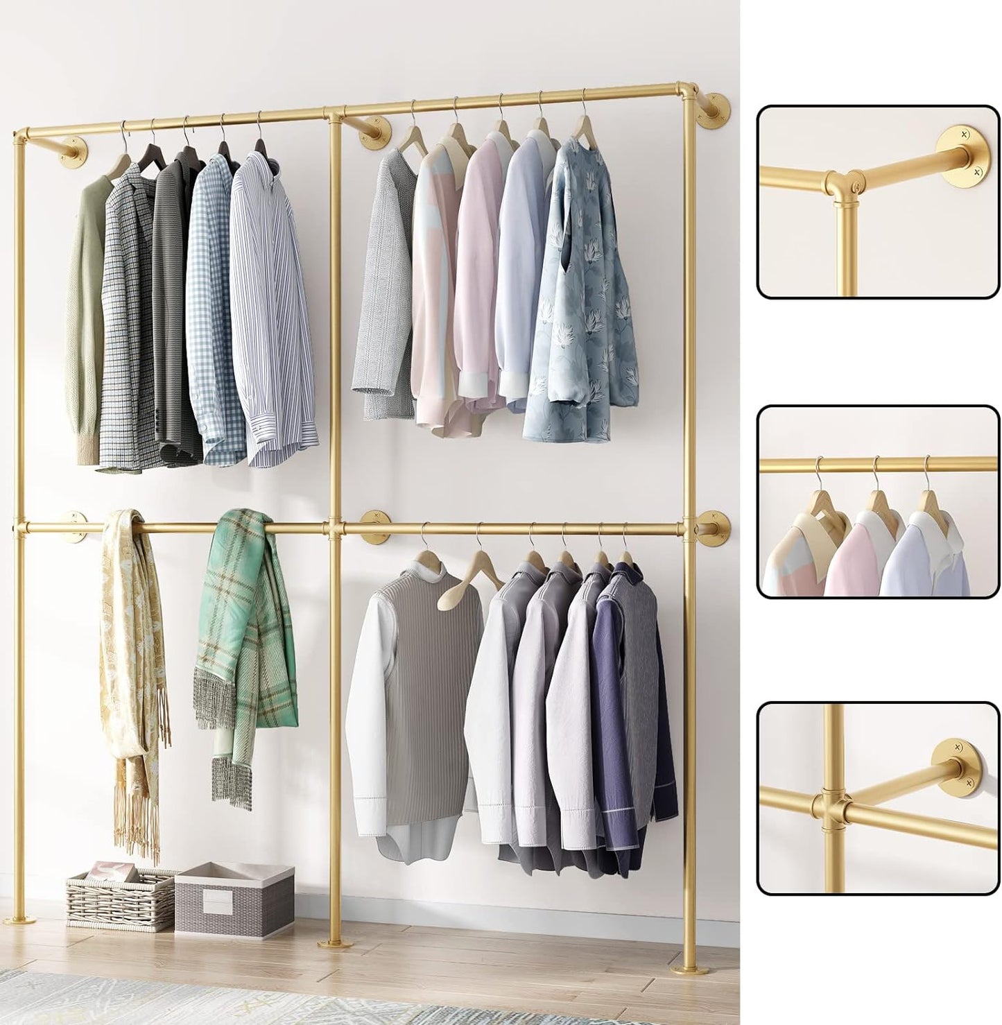 Gold Pipe Clothing Racks Wall Mount Gold Clothes Rack, Heavy Duty Industrial Pipe Clothes Racks Retail Display Hanging Rod for Closet Storage, Laundry Room