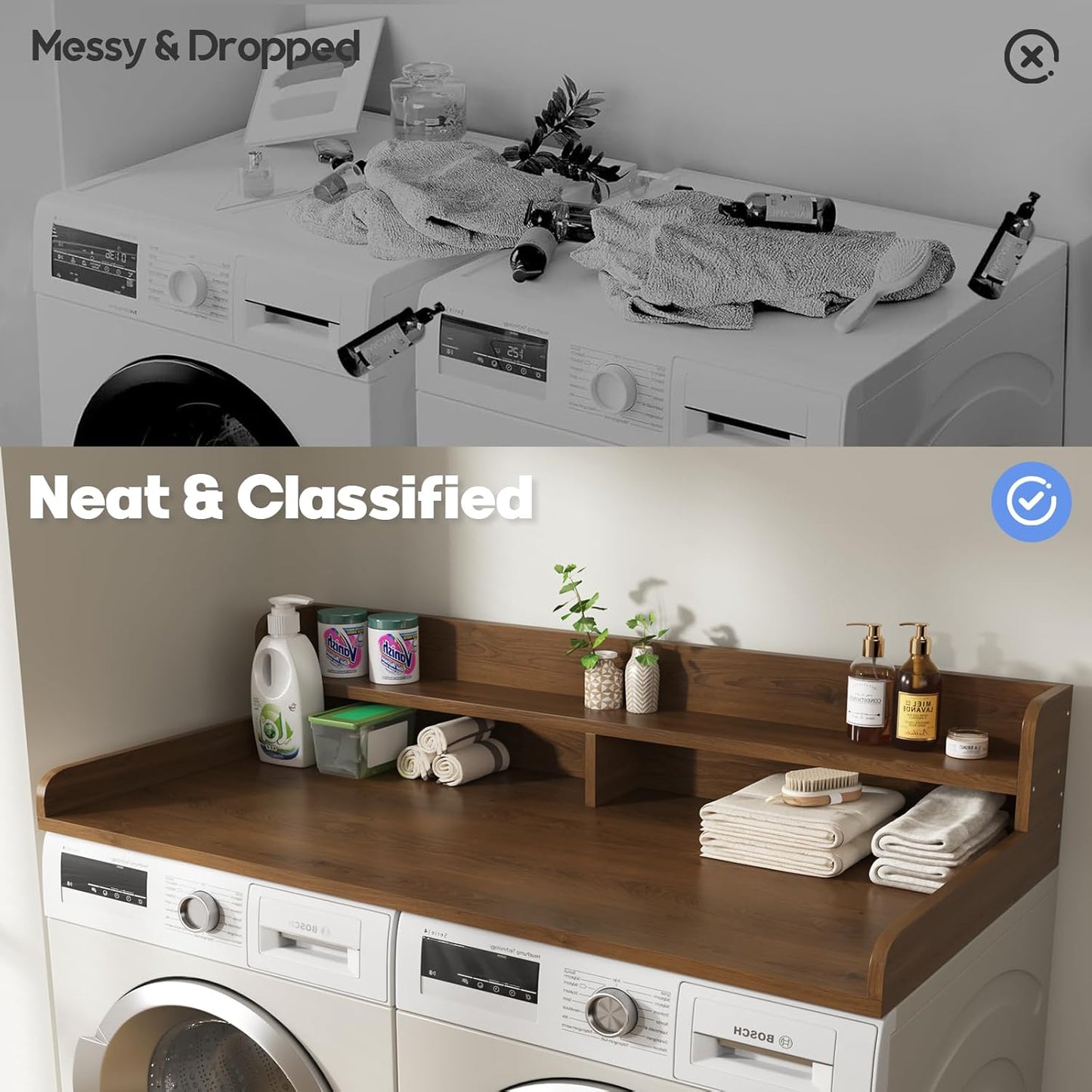 2-Tier Washer and Dryer Countertop with 2.75" H Guard,58" W x 28" D Laundry Countertop Cover with Non-Slip Pad,Large Space Laundry Topper for Folding Clothes Over Washer and Dryer-Brown