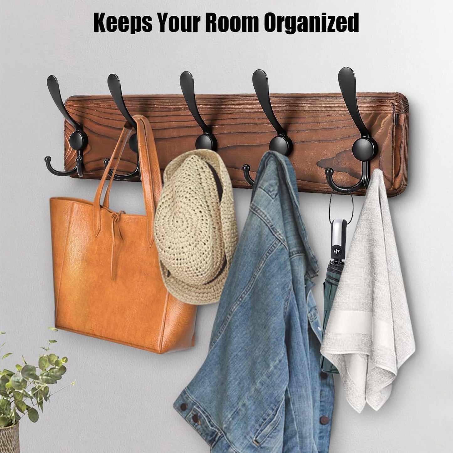 Kruodop Large Coat Rack Wall Mount Coat Hooks Coat Hanger with 5 Metal Black Triple- Hooks Brown Pine Real Wood Plank Hat Rack for Wall Hooks for Hanging Coat Hat Jacket