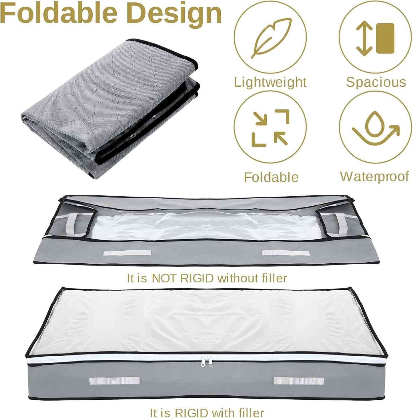4 Pack 5.5 Inches High Under Bed Storage Containers, Low Profile Under Bed Storage Containers, Foldable Underbed Bag Stackable Closet Organizers for Blankets Clothing Comforter Wrapping Paper