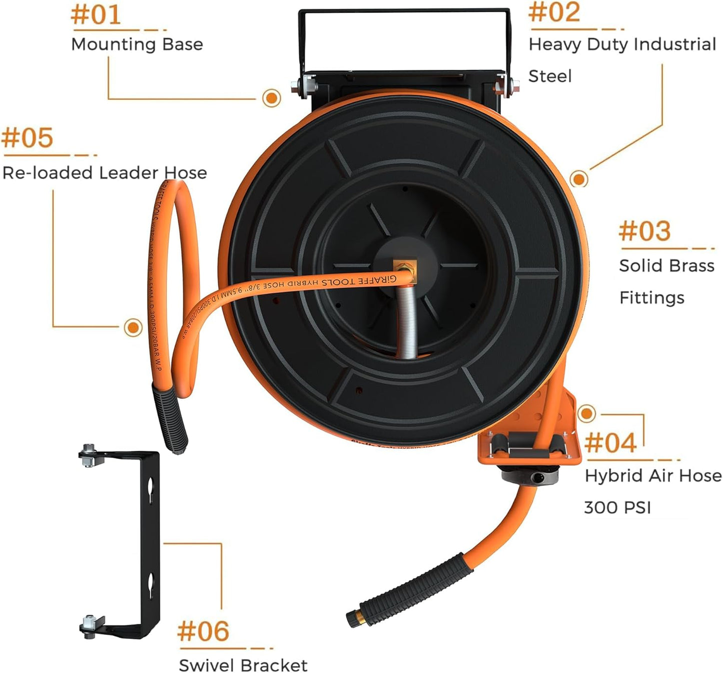 Giraffe Tools TA15BPLUS Retractable Air Hose Reel with Swivel Bracket 3/8" x 50 ft Hybrid Hose, Ceiling/Wall Mounted Heavy Duty Industrial Air Compressor Hose Reel, 300PSI, 50ft