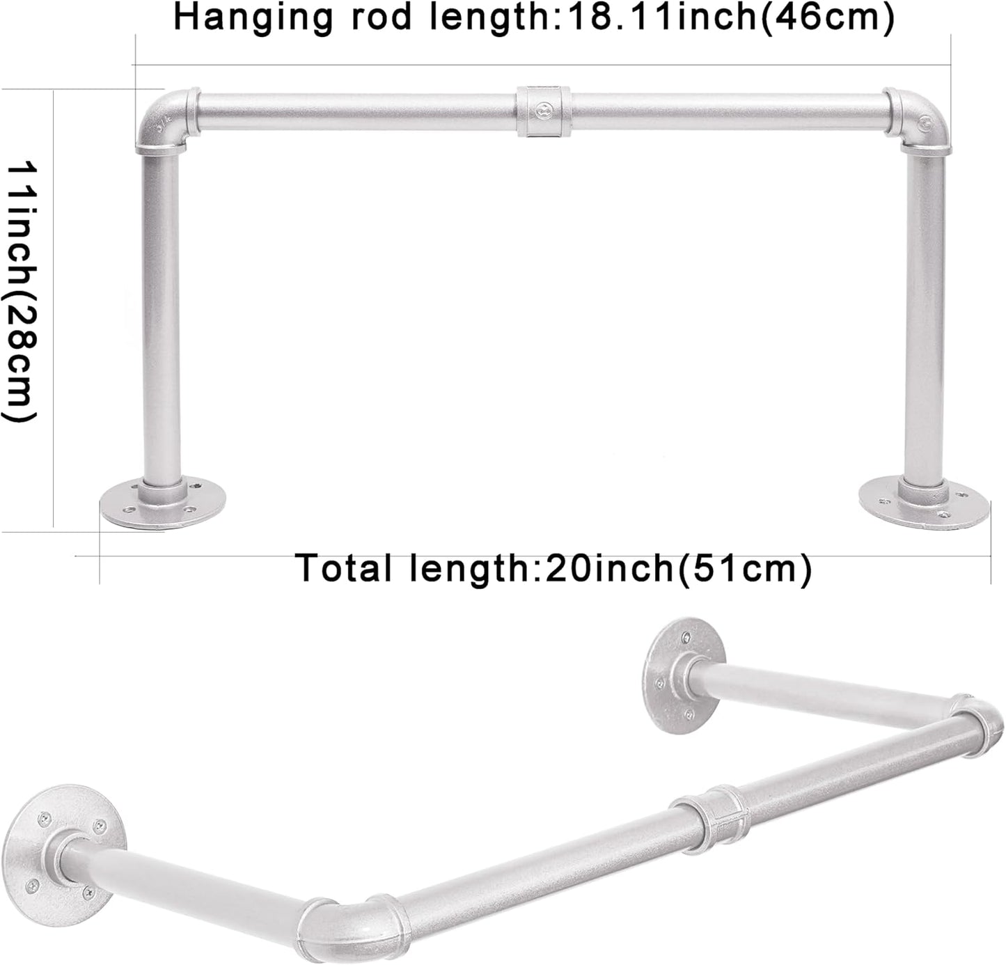 WEBI Industrial Pipe Clothing Rack,20" Wall Mounted Clothes Rack for Hanging Clothes,Heavy Duty Metal Garment Rack Bar Wall Mount Clothing Rod for Closet,Laundry Room,Silver,2 Packs