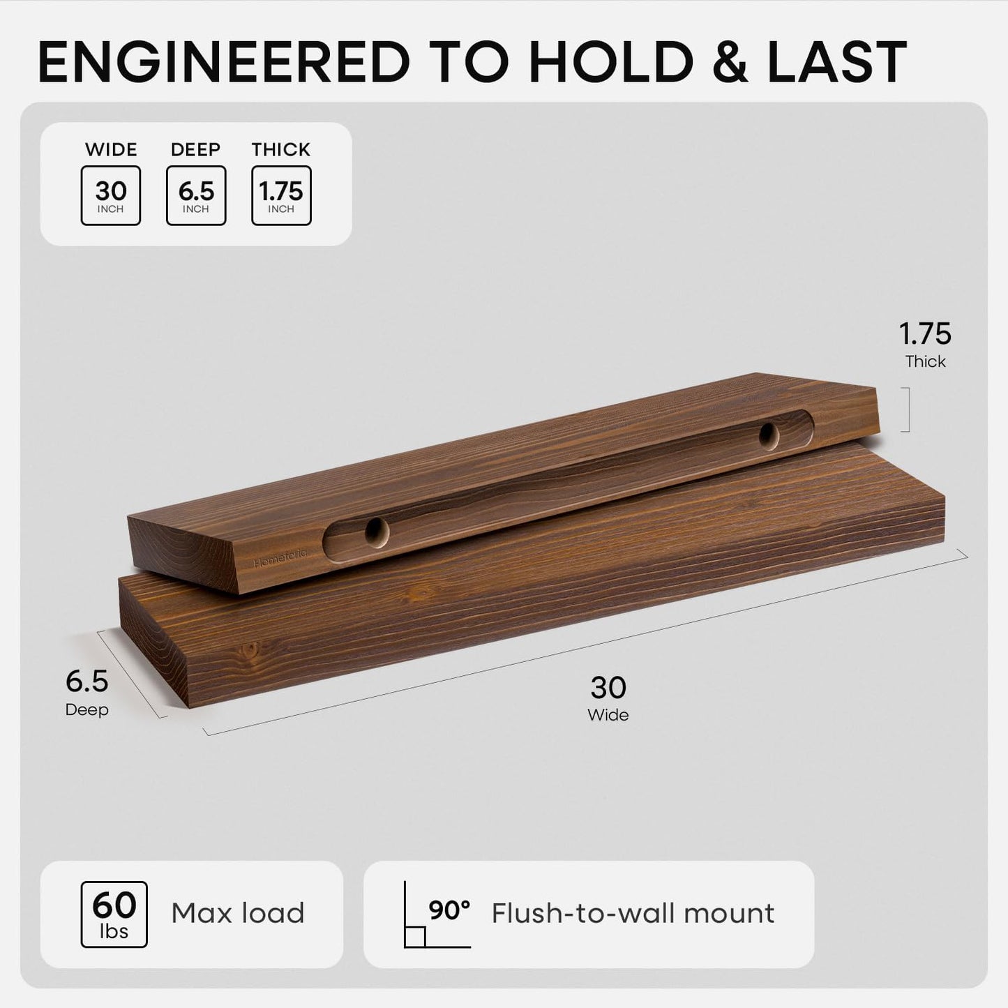 Homeforia Classic Walnut 30 inch Floating Shelf, High End Solid Real Wood Small 30inch Floating Shelves for Wall Mounted, 30in Floating Shelves, Heavy Duty Bracket, 30 X 6.5 X 1.75 inches, Set of 2
