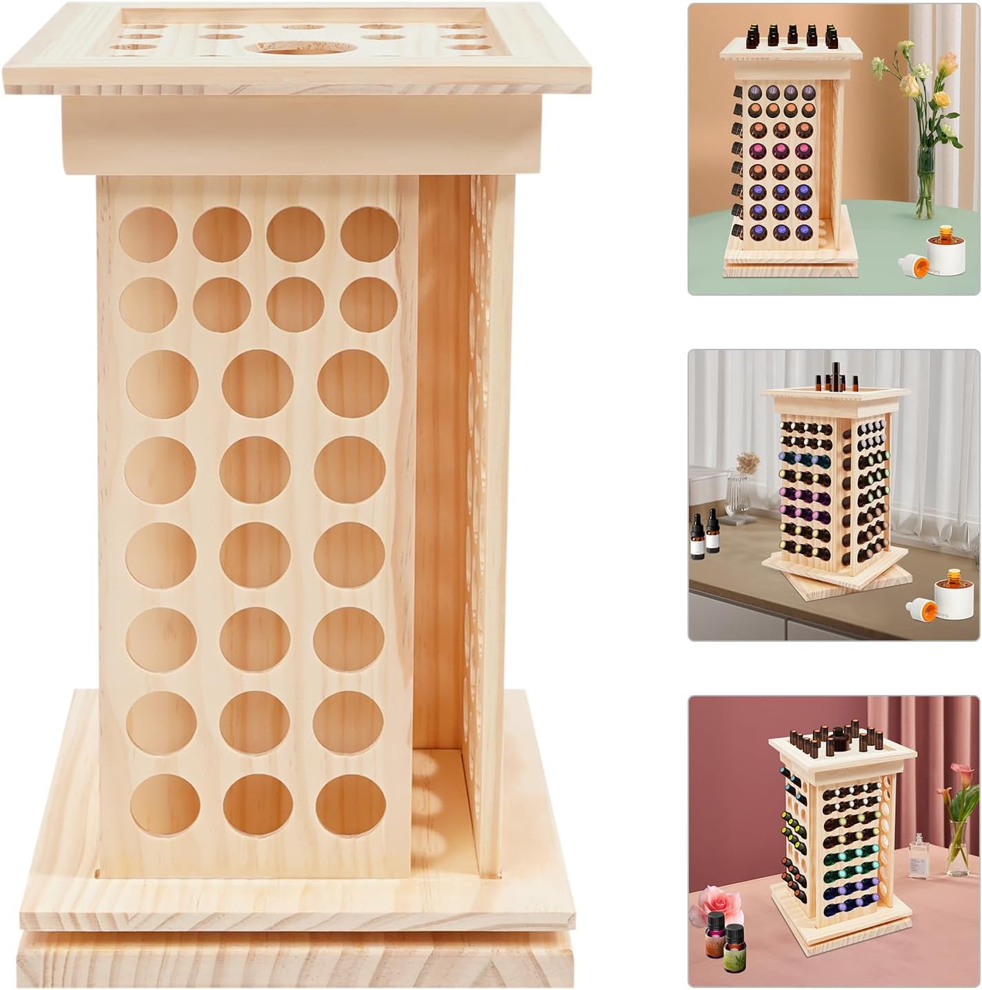 Wooden Essential Oil Bottle Display Rack Rotating Essential Oil Storage Organizer with 125 Holes, Holder Bottles Roller Shelf for Essential Oils, Nail Polish, Fragrance Oils, Cosmetics