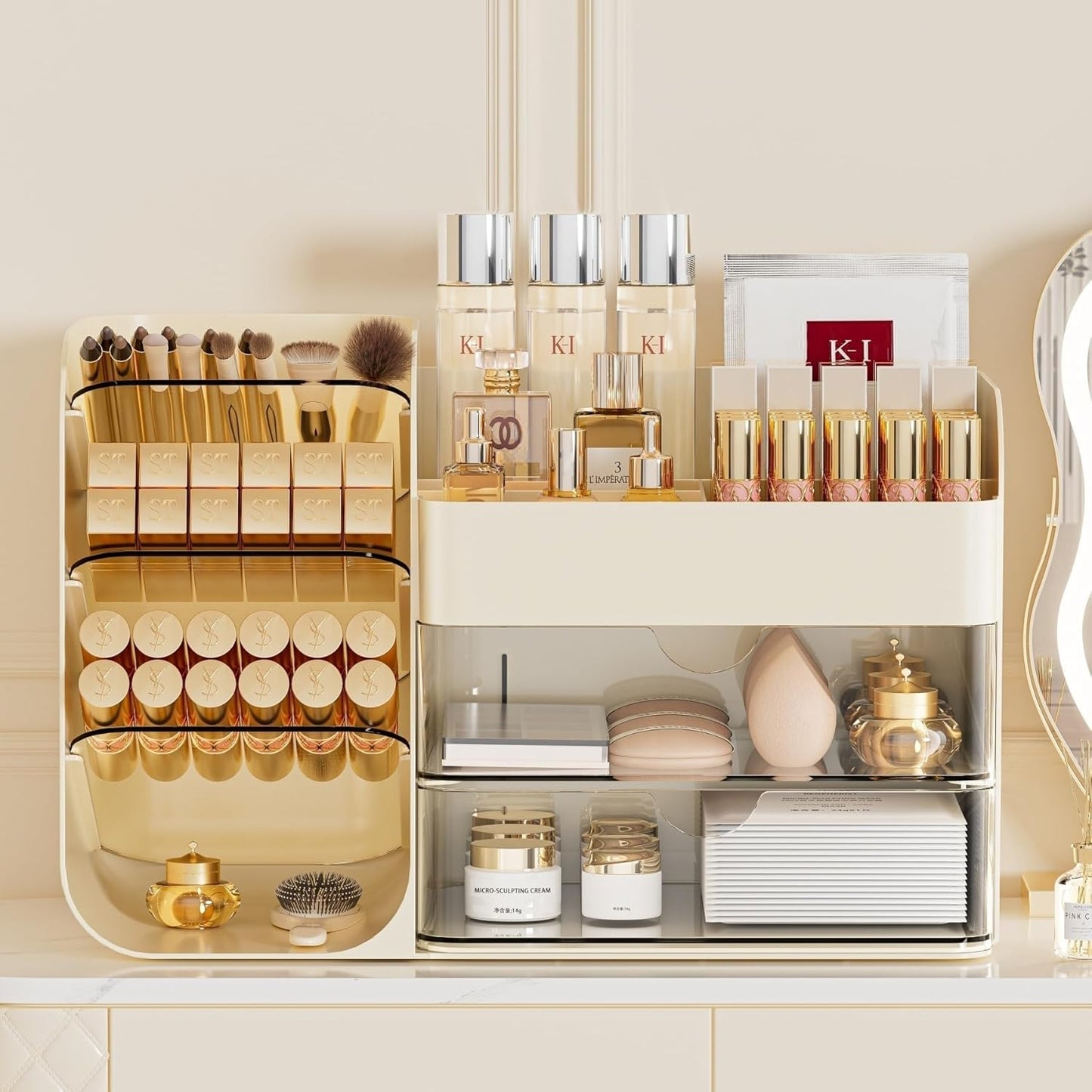 Makeup Organizer with Brush Holder for Vanity,Countertop Makeup Organizer with Drawers,Spacious Cosmetic Display Case,Perfect Storage Solution for Your Beauty Essential (Cream, Large)