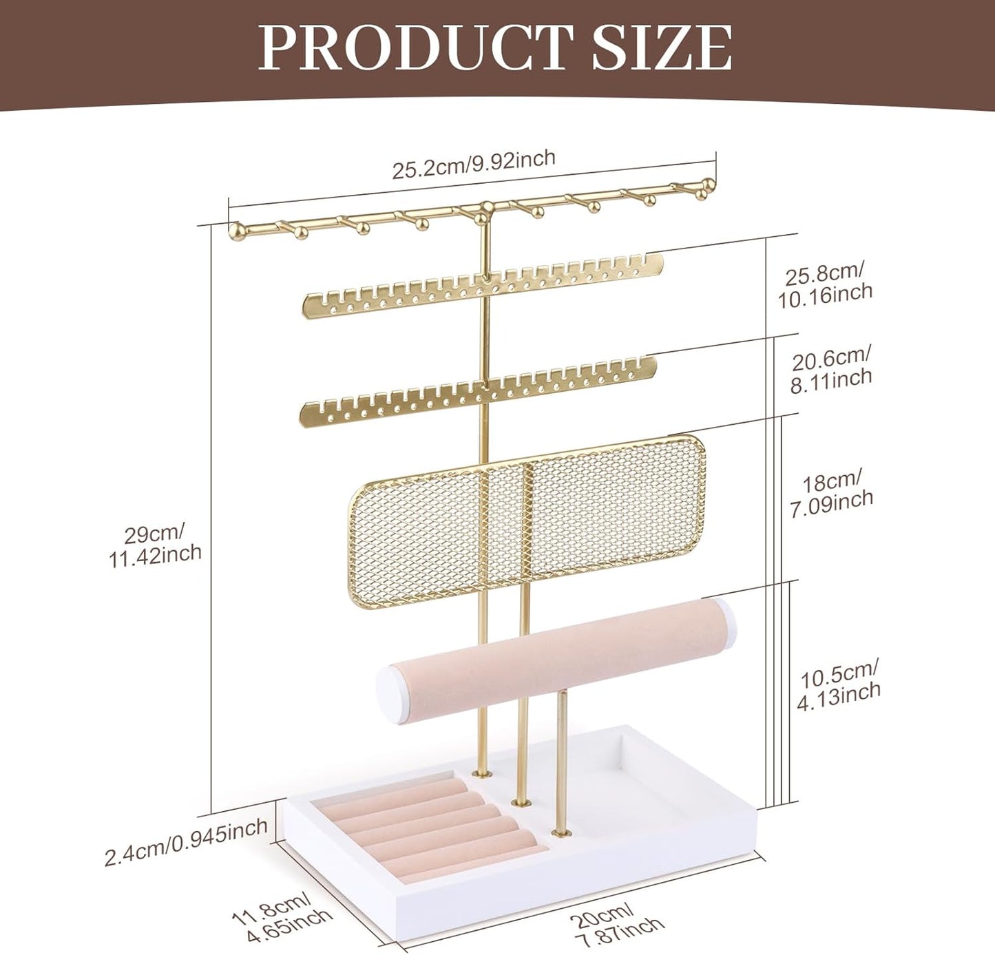 Hyber&Cara 3 Tier Jewelry Display Stand with Tray Jewelry Organizer Gold Jewelry Holder Stand for Bracelet Necklace Earrings Rings