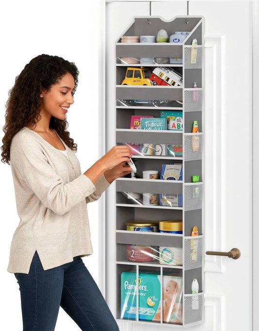 Over The Door Organizer with 6 Large Clear Pockets 12 Mesh Side Pockets - 50LB Heavy Duty Behind Door Storage, Door Hanging Storage for Closet Bathroom Pantry Nursery Laundry