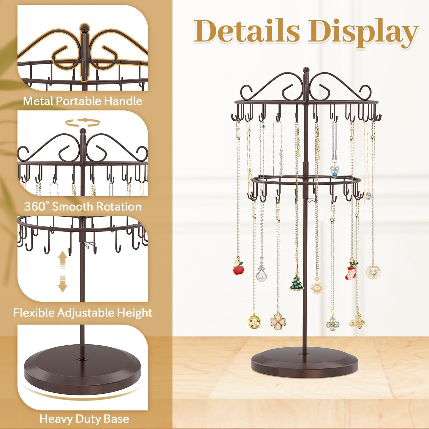 MODOWEY Rotating Necklace Holder Organizer Display Stand with 42 Hooks, 2 Tier Adjustable Metal Tree for Long Necklace Hanger Selling, Tall Spinning Bracelet Storage Rack for Men Women, Espresso Brown