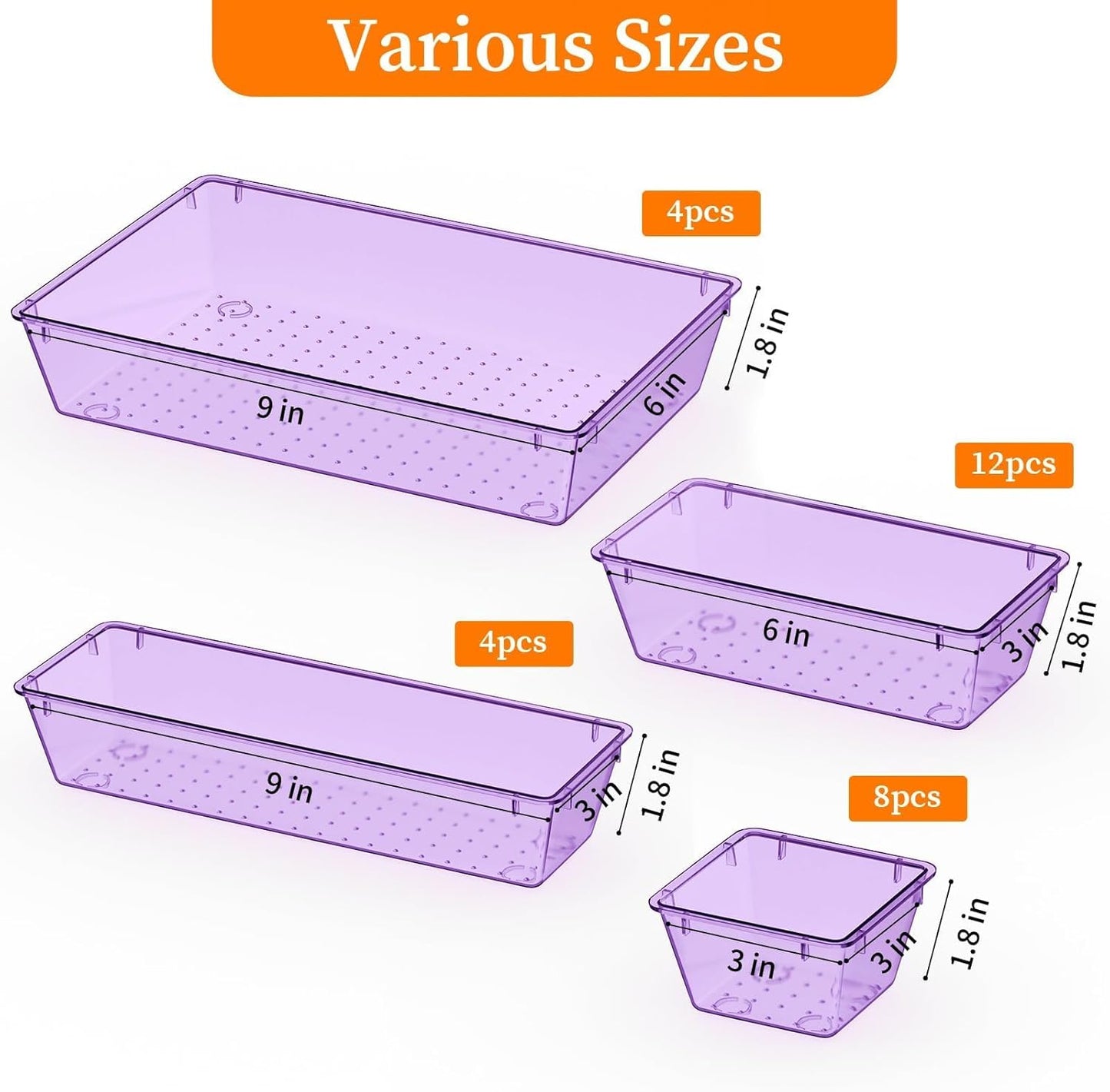 32 PCS Clear Plastic Drawer Organizer Set, 4-Size vanity organizer Trays and Storage Bins for Makeup, Jewelry and Gadgets in Bedroom, Bathroom and Office, Clear Purple