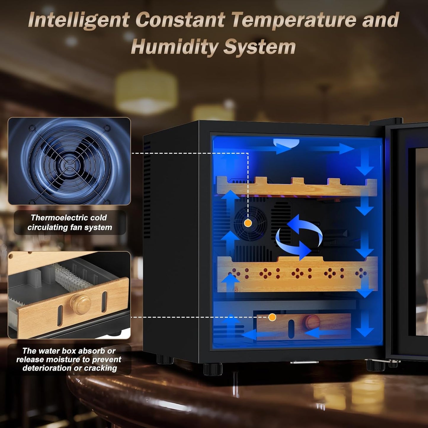 Electric Humidor-50L Cooling & Heating Humidor, Smart Touch Control Humidity & Temp Humidors wtih Spanish Cedar Wood Tray, Digital Display, Safety Lock, Desktop Gift for Men