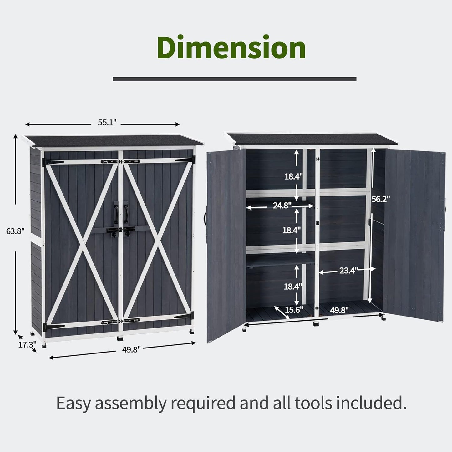 MCombo Outdoor Storage Cabinet with Shelves, Wood Garden Shed with Floor, Outside Tool Shed with 2 Lockable Doors for Backyard Patio Lawn, 1400 (Gray)