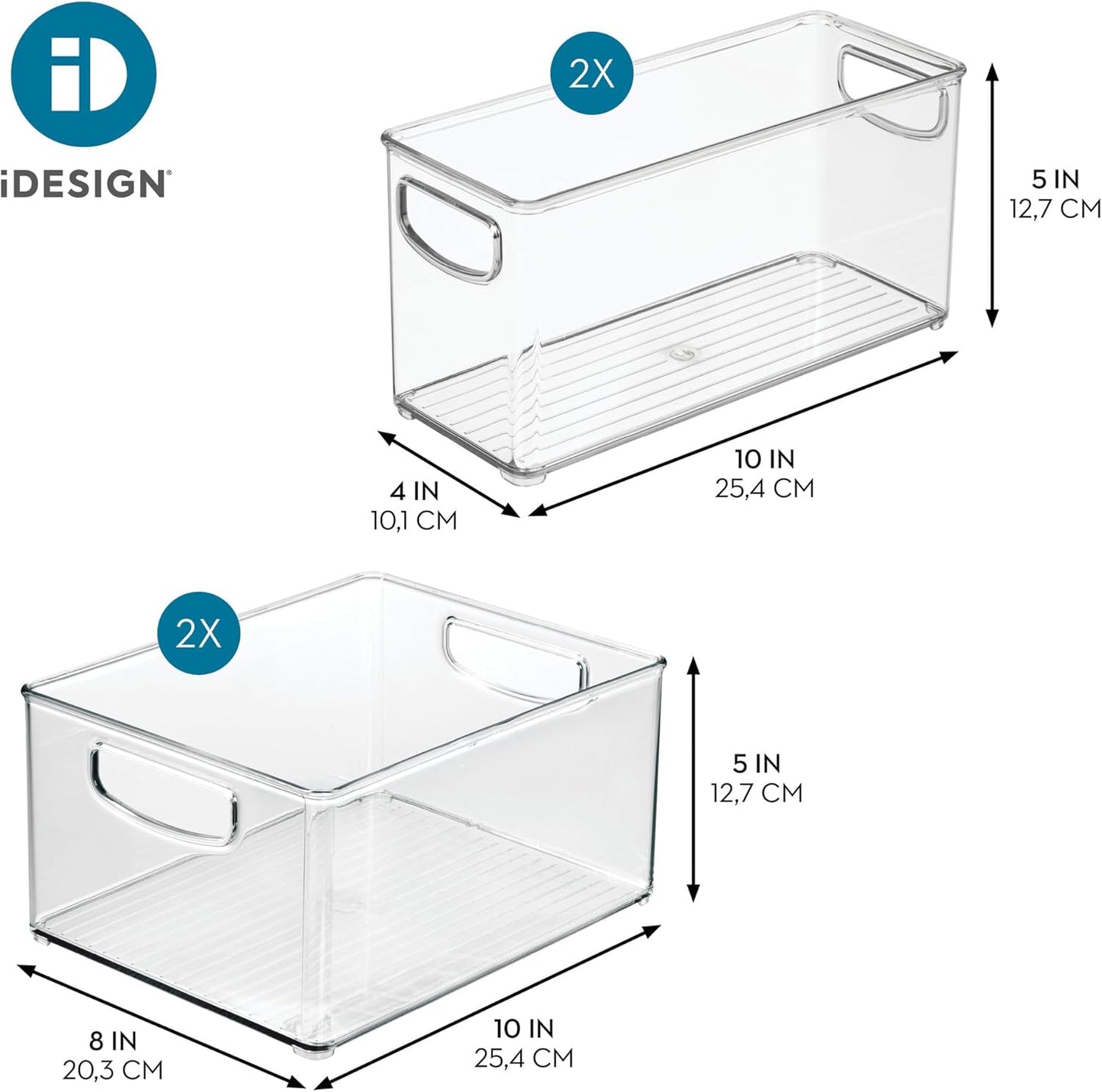 iDesign 4-Piece 50% Recycled Plastic Organizer Bin Set for Pantry and Cabinet Organization, Made in The USA – Two 10” x 8” x 5” and Two 10” x 4” x 5” Bins, Clear