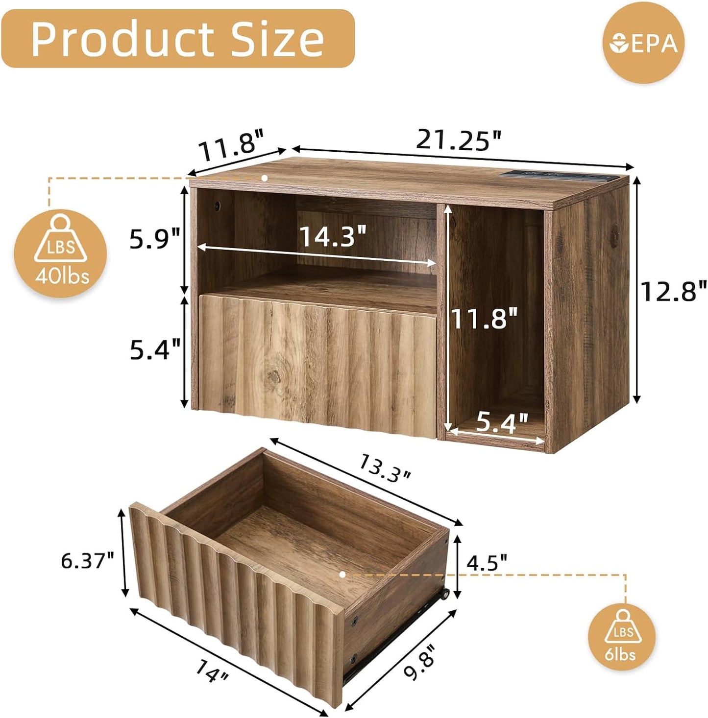 Modern Rustic Brown Fluted Floating Nightstand with Charging Station, NightStand with Drawers, Bedside with USB Ports and Outlets, Bedroom Furniture (Right)