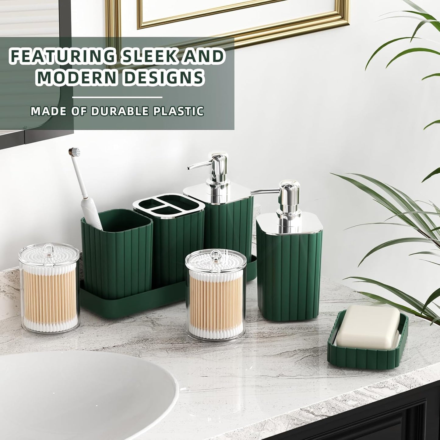 Bathroom Set- 25PC Green Bathroom Sets, Bathroom Set with Shower Curtain and Rugs, Dark Green Shower Curtain Set, Bathroom Accessories Set, Bathroom Trash Can
