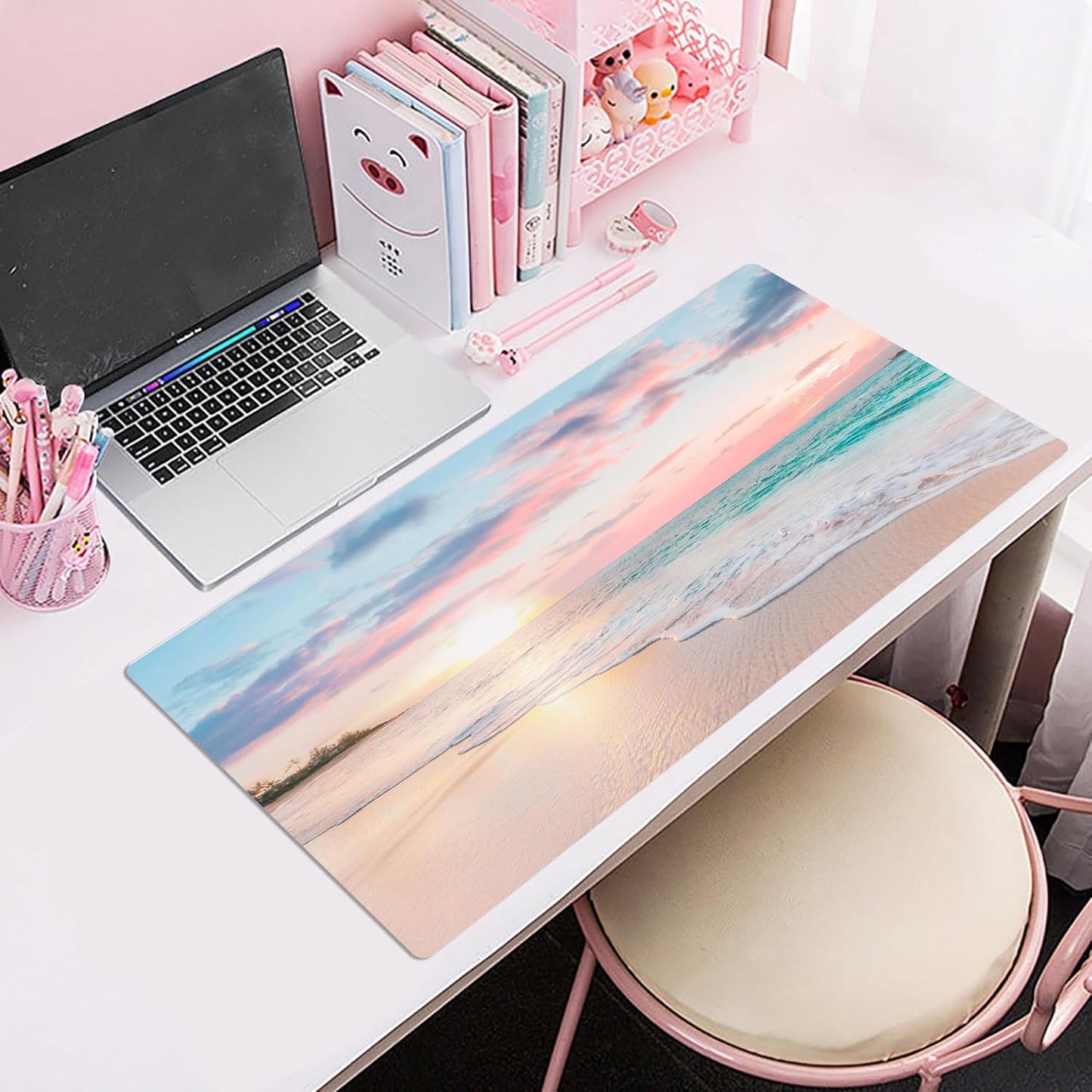 LB Coastal Beach Sunset Mouse Pad Nature Teal Ocean Large Mouse Pad for Desk Modern Aesthetic Extended Desk Pad Non-Slip Rubber Base Computer Mouse Mat for Home Office Gaming 15.7L X 31.5W Inch