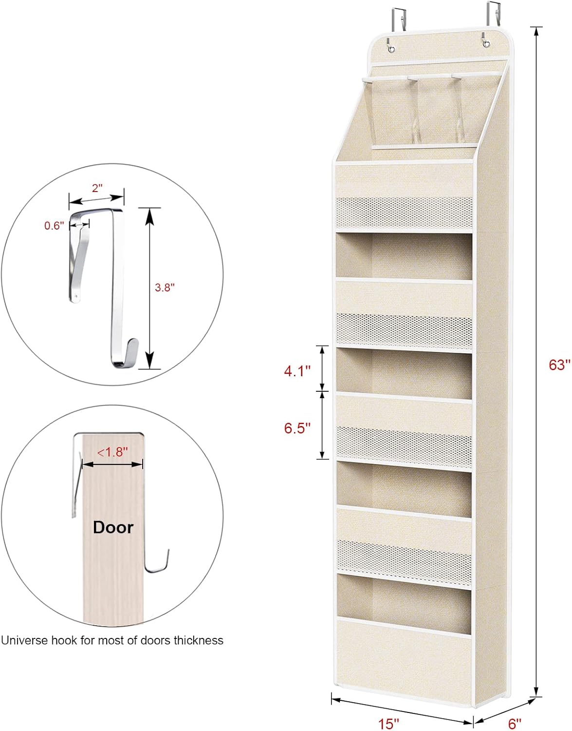 Univivi 6-Shelf Over Door Hanging Organizer Fabric Baby Door Storage with 5 Large Pockets and 3 Small PVC Pockets Wall Mount Hanging Storage Organizers for Baby Essential (Beige)