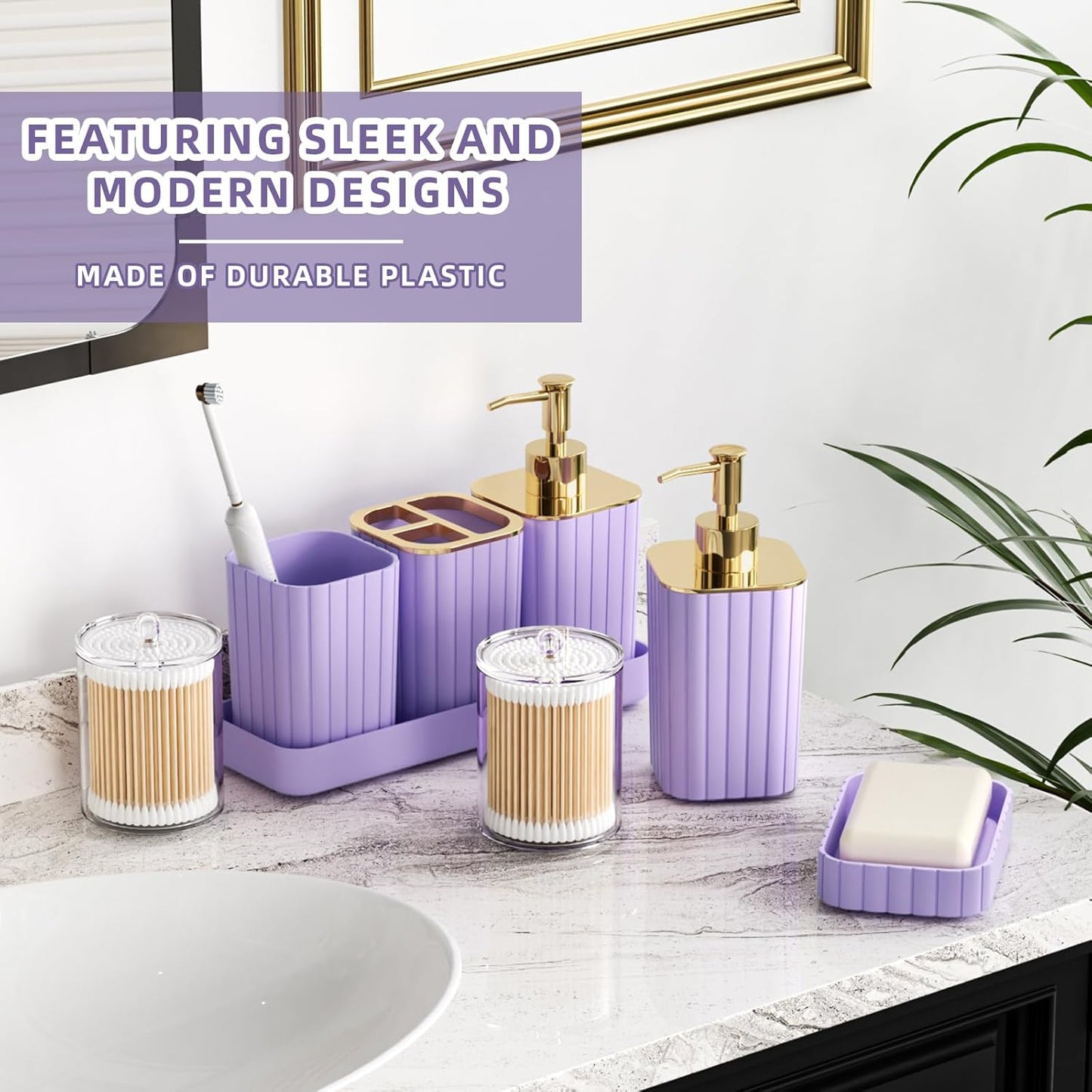 Bathroom Accessories Set - Gorgeous Bathroom Set, 10PC Purple Bathroom Accessory Set, Toilet Brush, Trash Can & Soap Dispenser