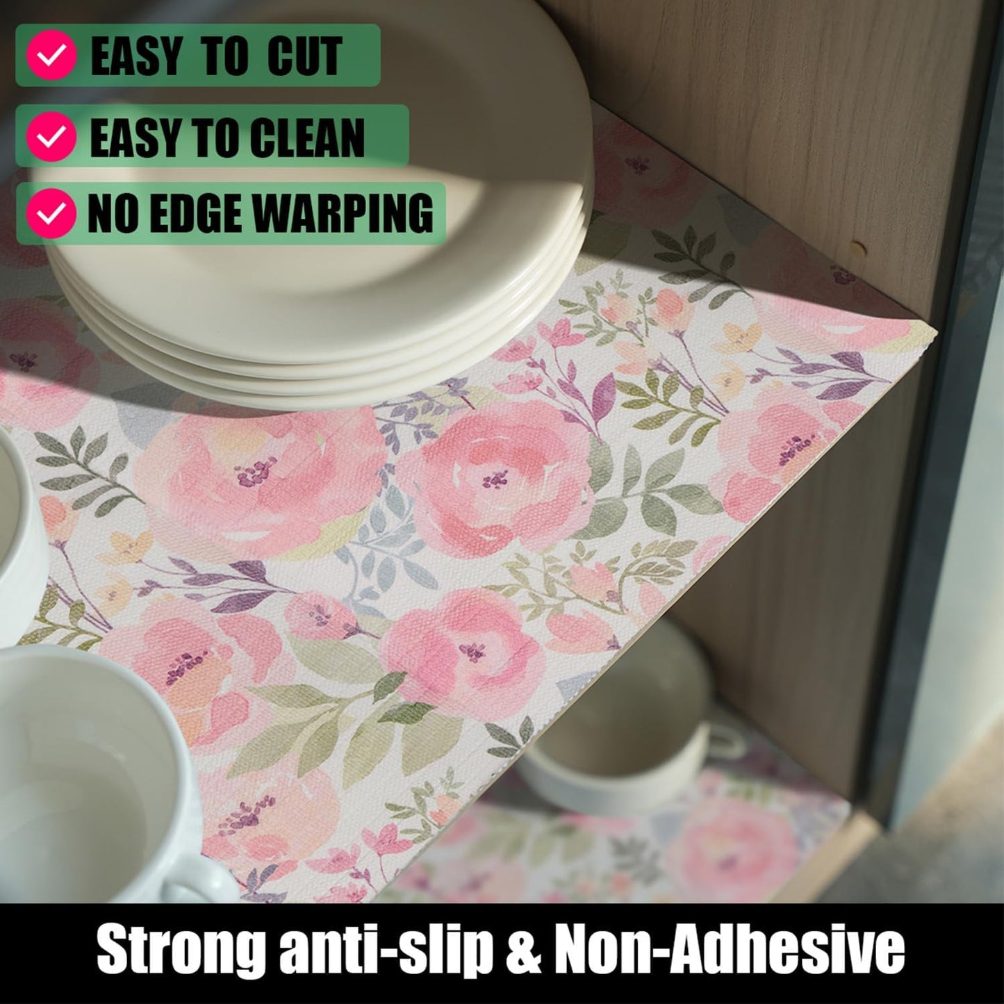 Peach Peony Shelf and Drawer Liner 12IN x 20FT,Non-Adhesive and Strong Non-Slip Floral Cabinet Drawer Liners for Kitchen Shelf, Waterproof Cupboard Liners,Easy to Clean