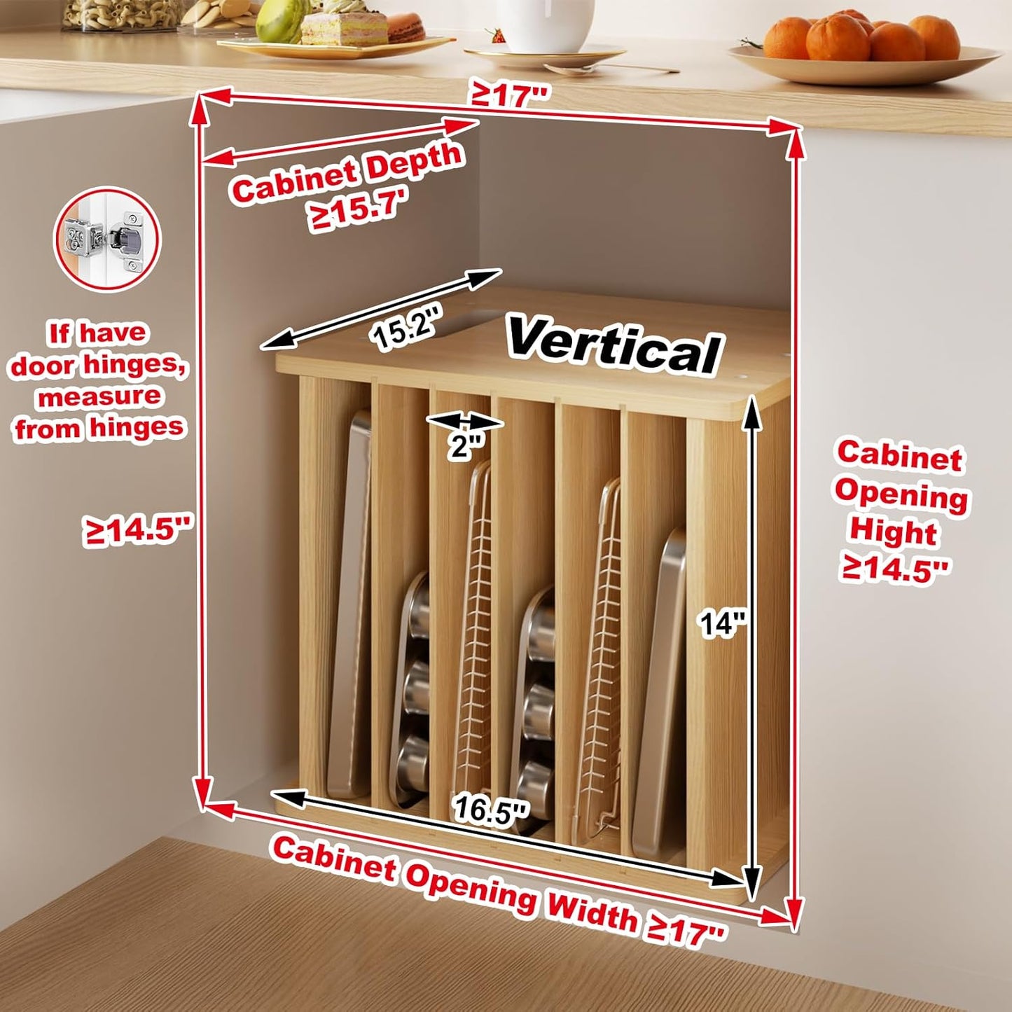 7 Tier Wooden Tray Dividers for Cabinets Cookie Sheet Organizer for Pot, Pans, Baking Tray Organizer for Kitchen Documents Storage(14" W x 16.5" H x 15.2" D)