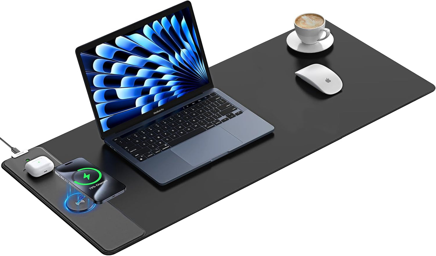TopMade Mouse Pad with 15W Fast Wireless Charging, 35.43"x15.75" XXXL Large Gaming Waterproof Desk Pad with Ultra-Smooth Surface, Non-Slip Base, Classic Black Computer Desk Mat for MacBook, PC, Laptop