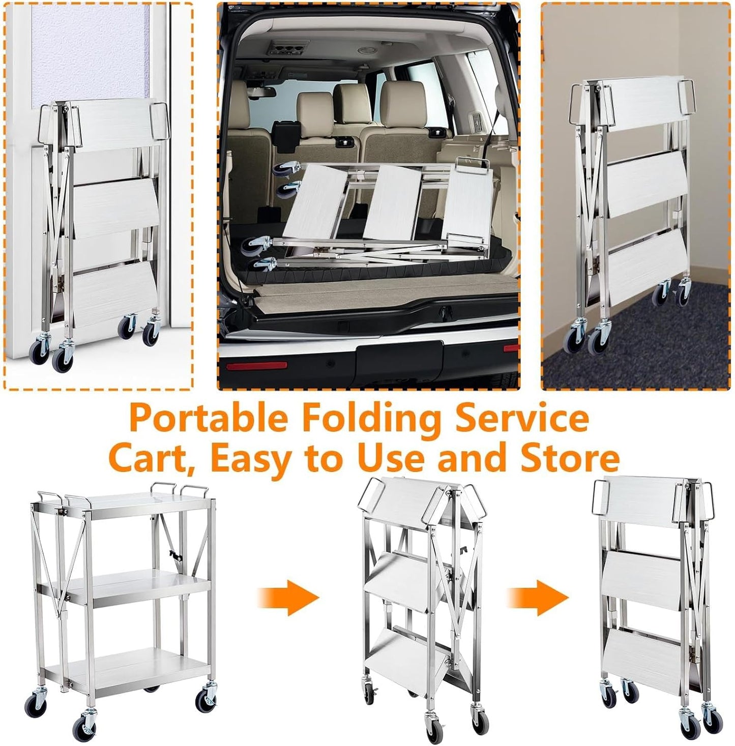 3 Tiers Folding Stainless Steel Utility Service Cart with Wheels-Heavy Duty 300LBS Outdoor Stainless Grill Cart,Kitchen Utility Carts and Service Trolley Carts