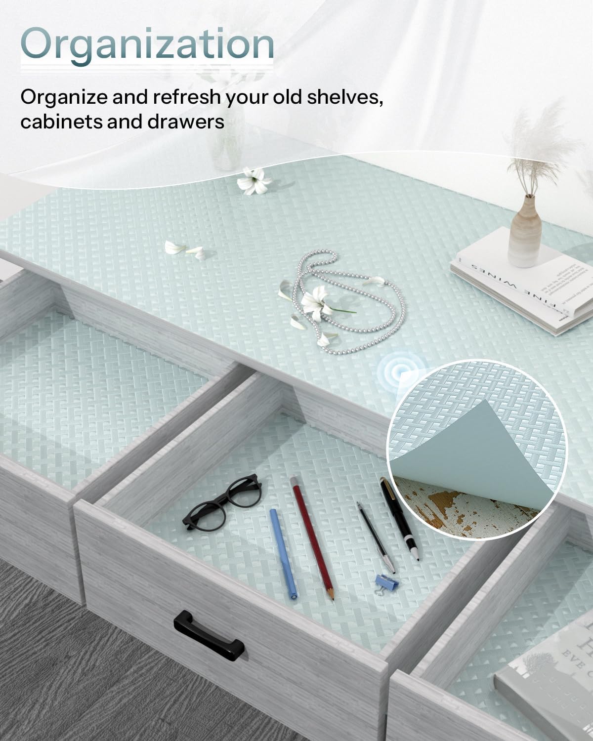 Shelf and Drawer Liner for Kitchen Cabinet, Non-Adhesive 12in x 120in Waterproof Contact Paper Refrigerator Liners Thickened Durable EVA Material Non Slip Mat for Dresser Cupboard Pantry Protector