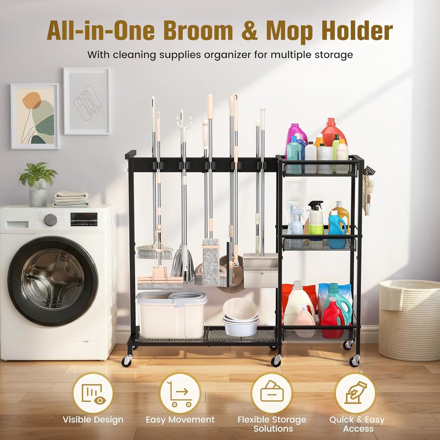Broom Holder with Cleaning Supplies Organizer, Cleaning Utility Cart on Wheels, 10 Clips & 7 Hooks, 3-Tier Shelves, Broom Closet Storage Cabinet with Cleaning Caddy for Home Commercial Use
