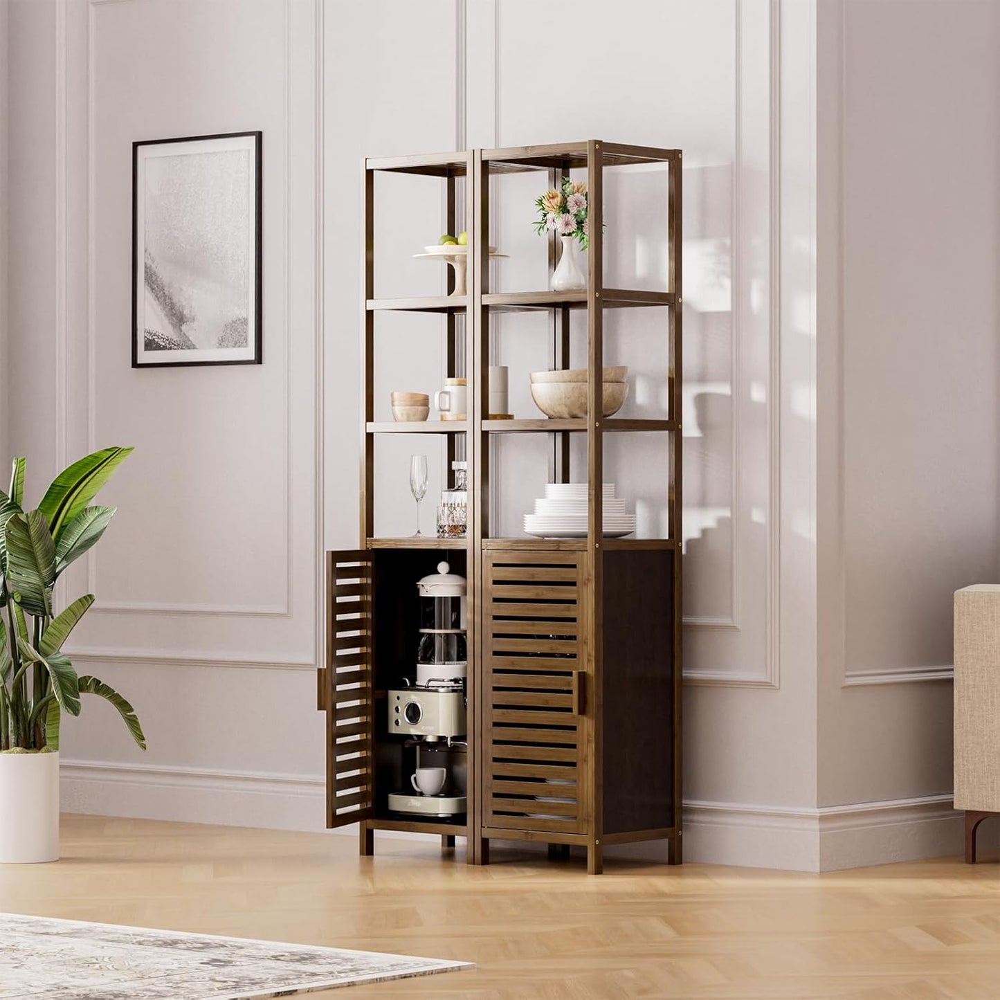 HITNET Bathroom Cabinet, Bamboo Floor Cabinet Freestanding Narrow Storage Unit with Removable Shelves, 6 Tier Tall Cabinet, Walnut