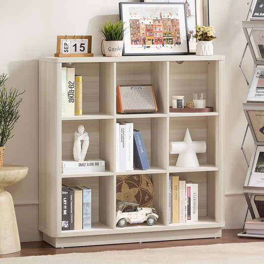 9 Cube Storage Book Shelf, 41" Tall Organizer Bookcase with Curved Edge, Wood Floor Standing 3-Tier Cubby Bookshelf with Base, Vintage Display Book Case for Bedroom, Office, White Cream Oak