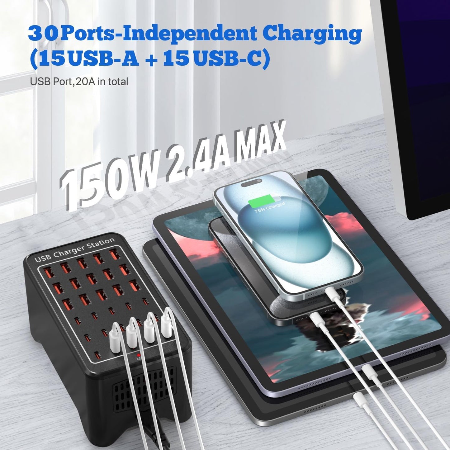 USB C Charging Station,150W 30 Ports USB C Charger【15USB-C + 15USB-A】,Multiple Devices Charger Compatible with Samsung/iPhone/iPad/Google Pixel/Tablets and Other USB Electronics
