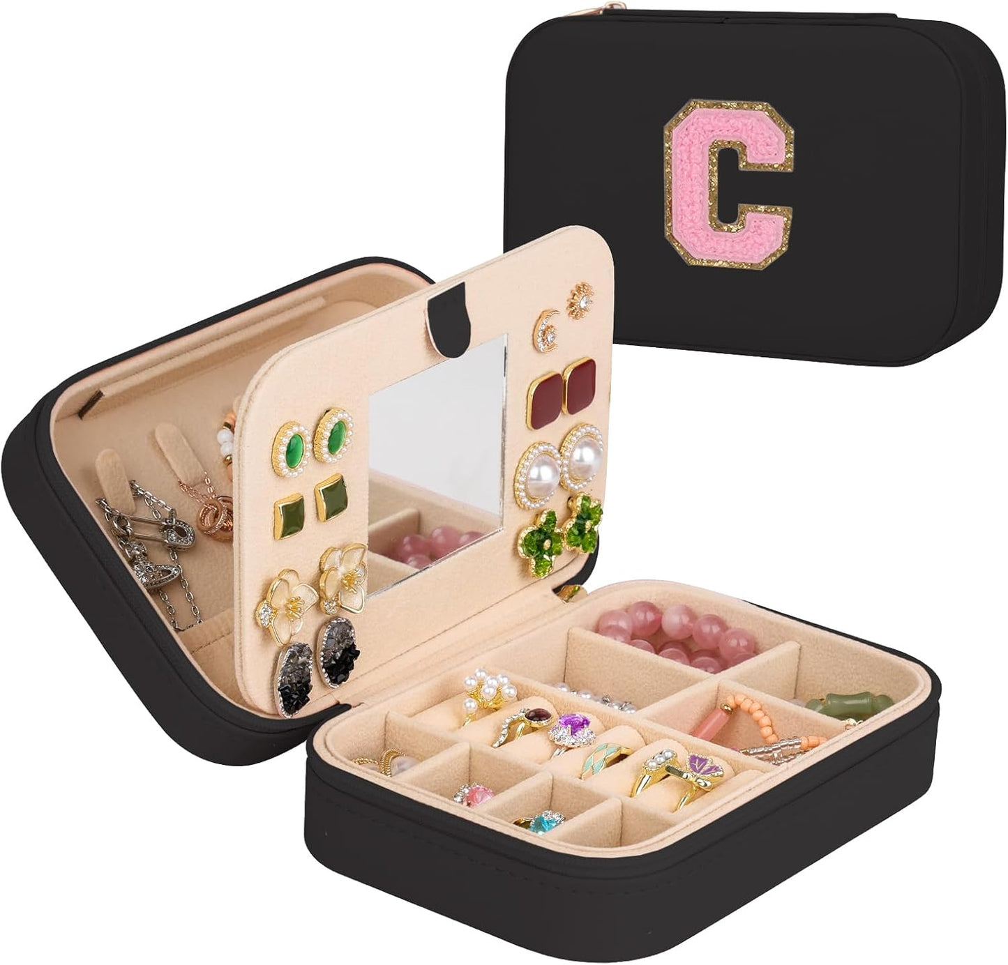 TopPerfekt Travel Jewelry Case, Jewelry Box with Mirror, Jewelry Organizer Bridal Shower Gifts to Her, Earring Storage Travel Case, Trendy Gift for Women and Girls, Girlfriend-Letter C, Black