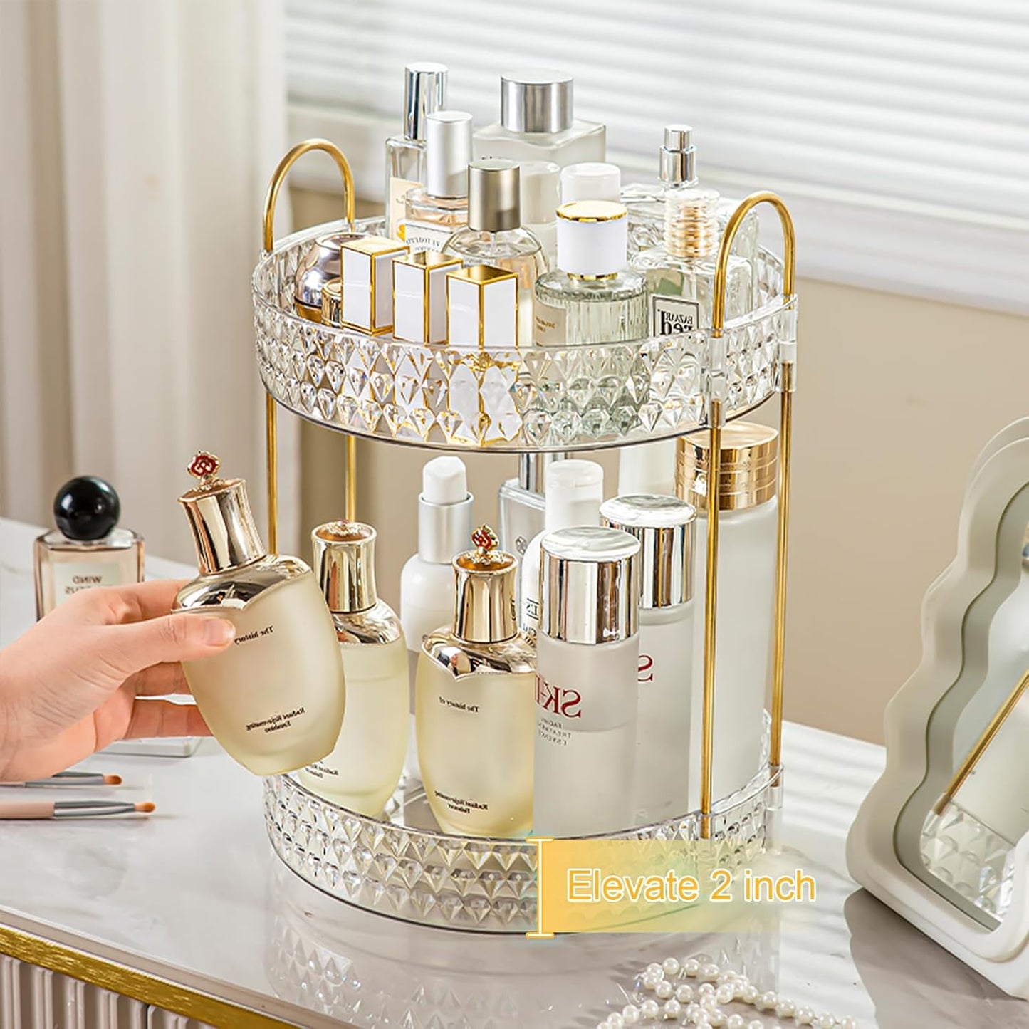 Rotating Makeup Organizer for Vanity, 2 Tier Perfume Skincare Storage for Women, Bathroom Counter Organizer, 360 Spinning Cosmetic Holder for Dresser Countertop, Clear