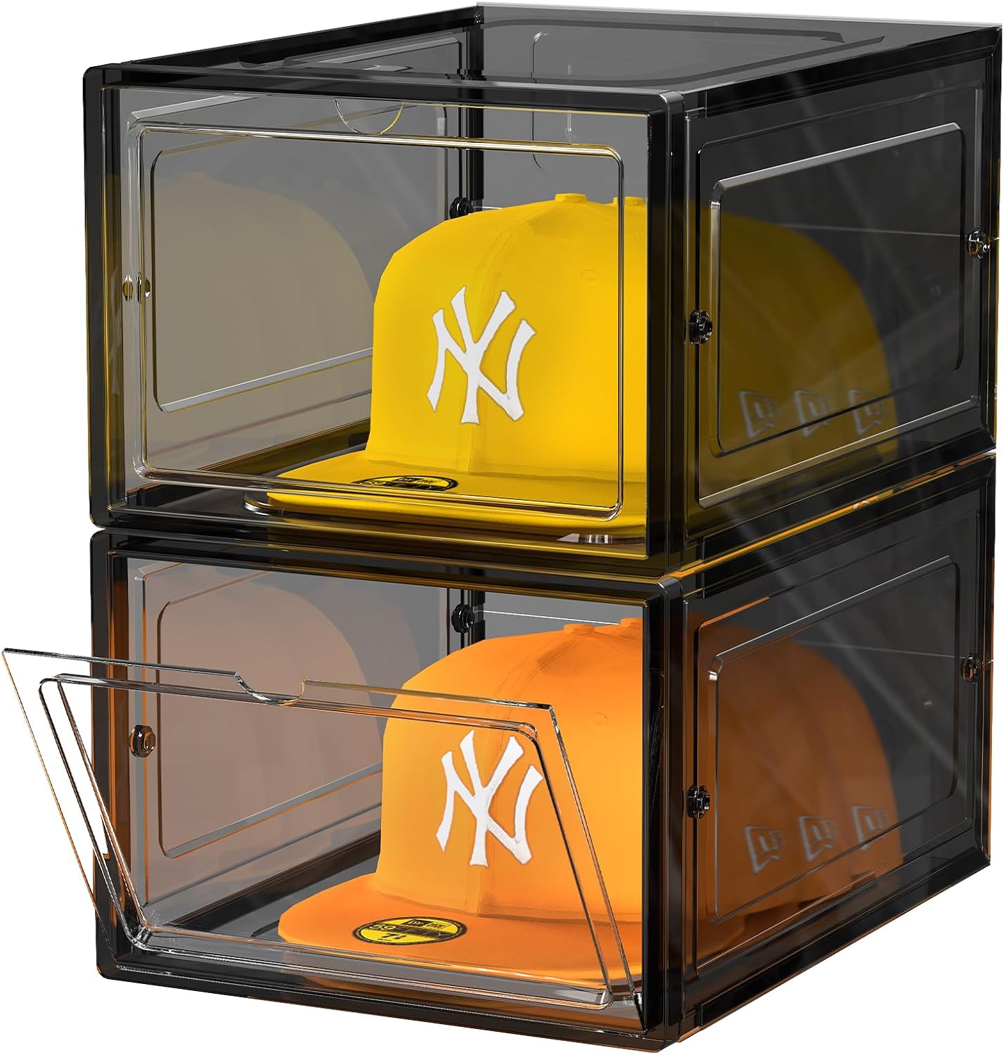 Hat Organizer Box, Stackable Clear Baseball Caps Holder Box Containers with Magnetic Door for Hats Snapback Cap Storag, Hat Rack Display Case, Holds 8 Hats Each (Black, 2 Pack)