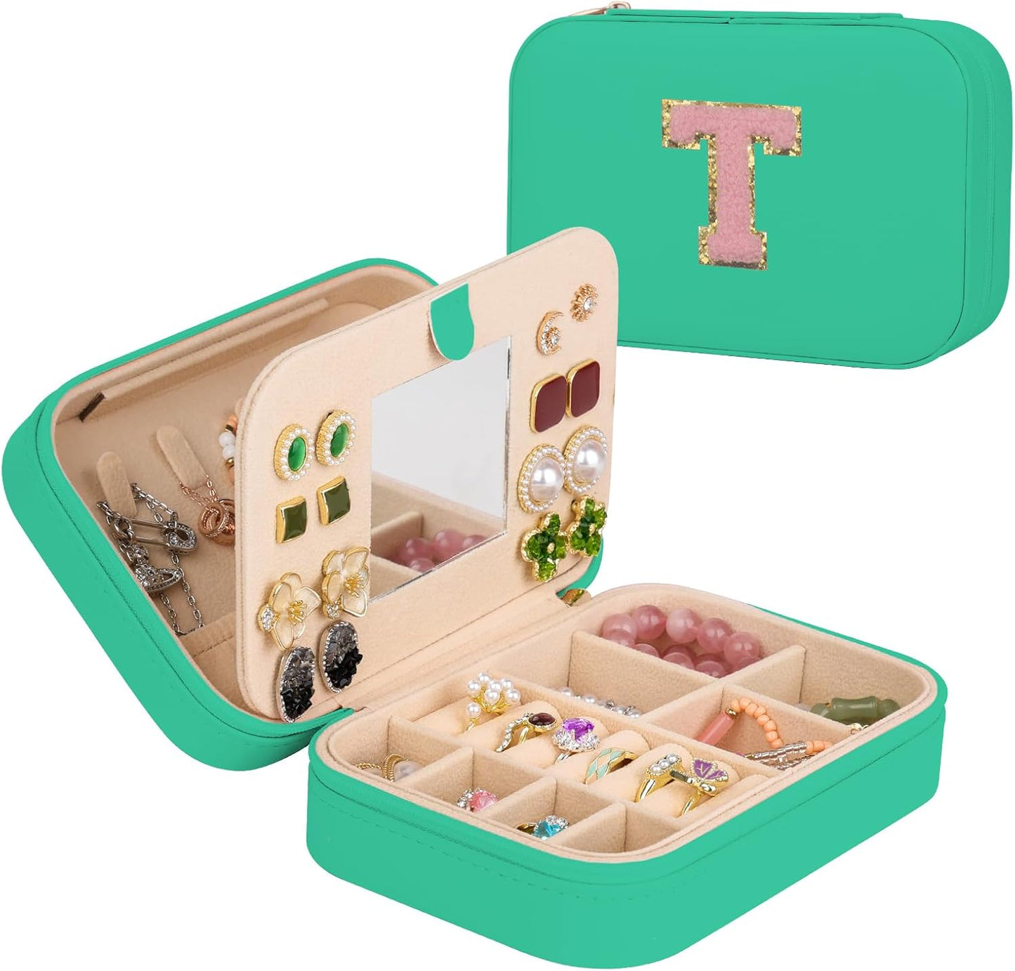 TopPerfekt Travel Jewelry Case, Jewelry Box with Mirror, Jewelry Organizer Bridal Shower Gifts to Her, Earring Storage Travel Case, Trendy Gift for Women and Girls, Girlfriend-Letter T, Green