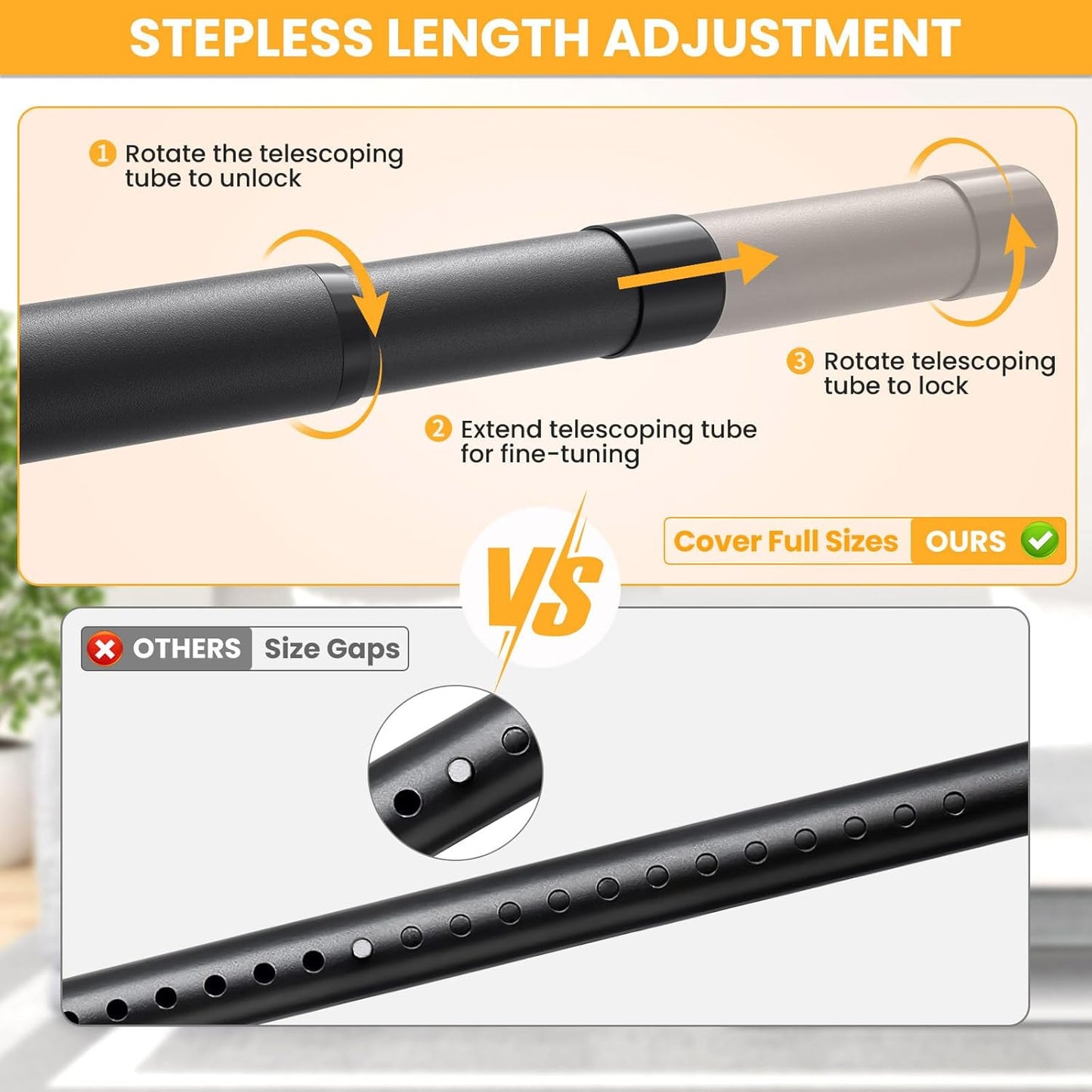 Closet Rods for Hanging Clothes, 17-98 Inch No-Cut Stepless Adjustable Closet Rod, 1.3 Inch Heavy Duty Metal Closet Hanging Rod with Brackets, Black Closet Bar for Closet, Laundry Room, RV, Wardrobes