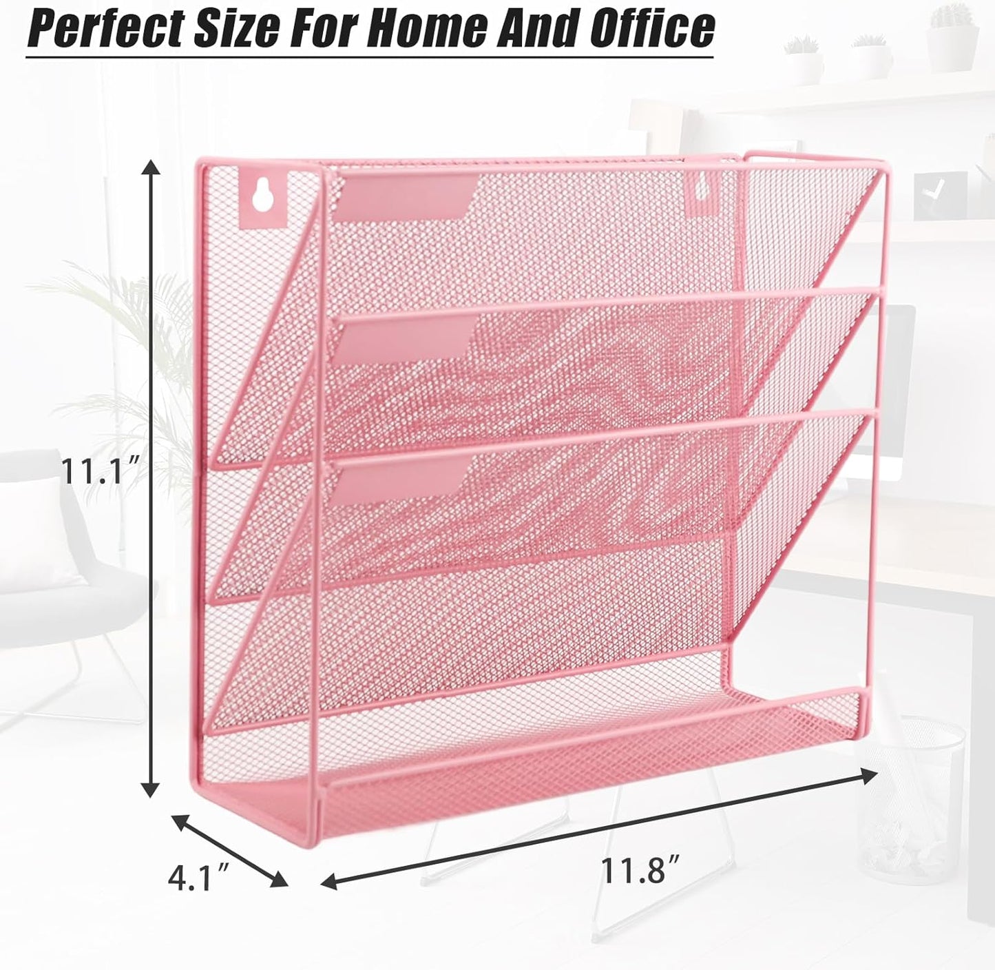 EASEPRES Desk File Organizer Mesh 4-Tier, Hanging Wall Mount Document Organization Stand, Desktop Vertical Mail Paper Folder Holder Rack with Bottom Tray for Office Home Cubicle Countertop, Pink