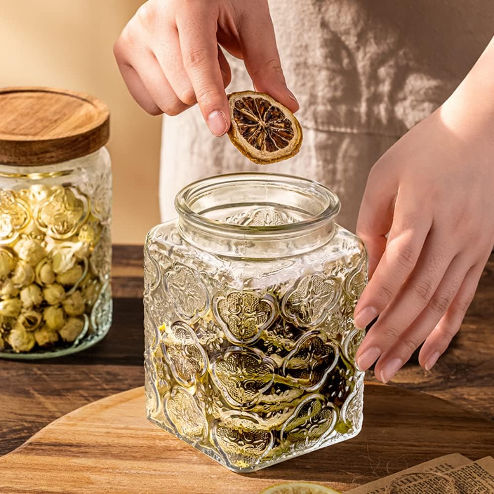 ANSQU 25.3 FL OZ Square Glass Jar, Glass Storage Canister with Airtight Lid, Glass Food Storage Containers for Candy, Coffee, Tea, Canning, Cute Jar (Square Begonia)