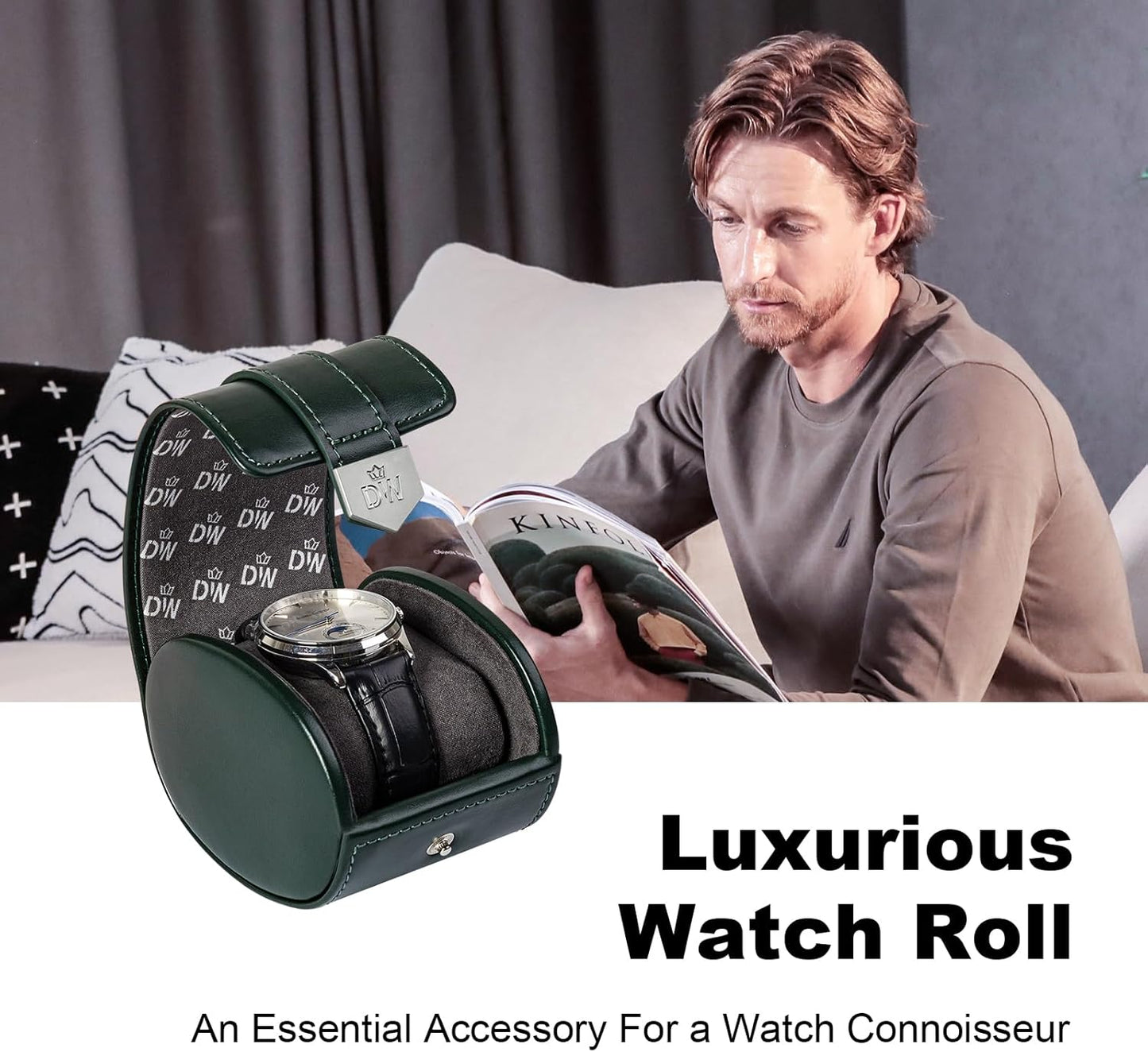DUKWIN Watch Roll,Vegan Leather Travel Single Watch Case Organizer with Removable Pillows for Men and Women,Display Case for All Watches Collection and Gift for Anniversary Birthday(Green Storage Box)