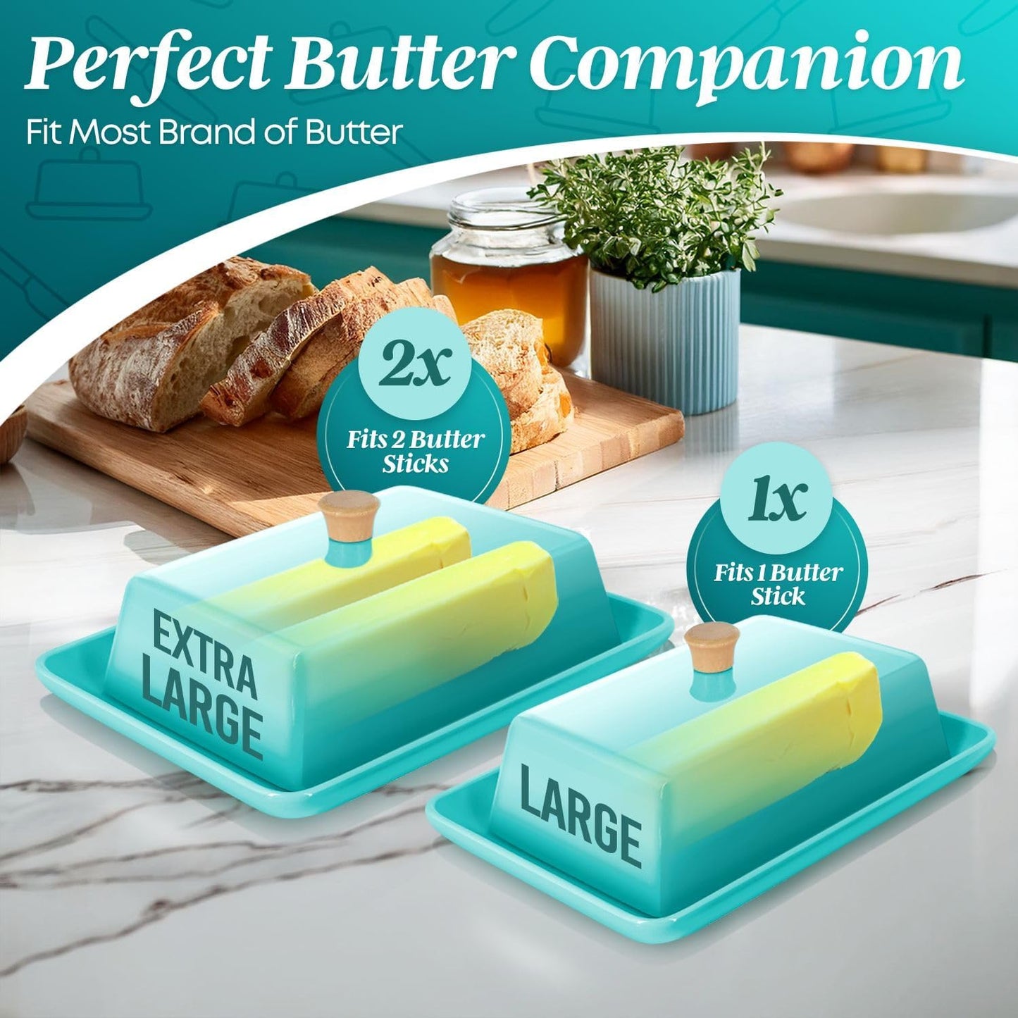 Flexzion Ceramic Blue European Butter Dish with Lid for Countertop (8 Inch) - Wide 2 Stick Double Butter Holder for Counter, Cream Cheese Container Storage Keeper