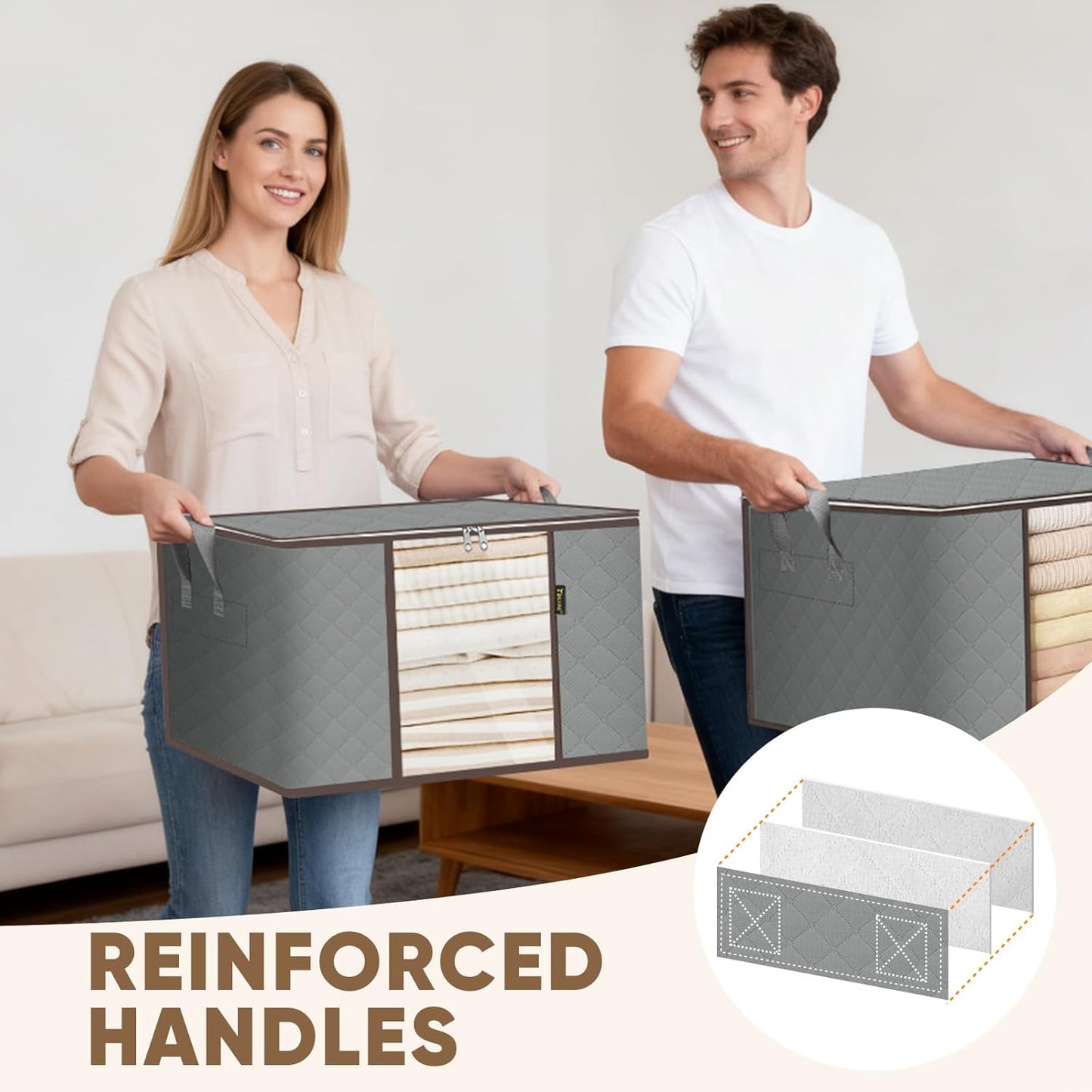 BALEINE 2 Pack Clothes Storage Bags, 24 Gallon Storage Containers with Reinforced Handle, Sturdy Zipper, Closet Organizer for Blanket, Comforter, Pillow, Bedding (Grey, 2 Pack)