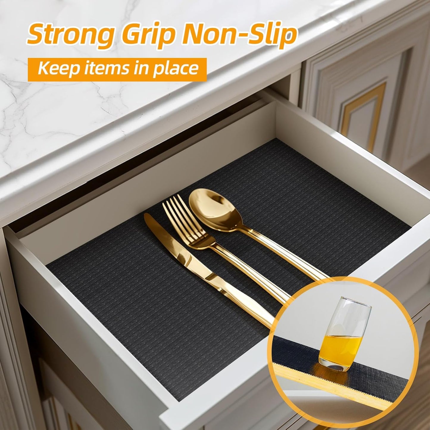 Shelf and Drawer Liner for Kitchen Cabinets Non-Adhesive, Strong Grip Non-Slip Thickened Cabinet Liners for Shelves, Waterproof Mats for Dresser Cupboard, Black, 17 in x 30 Feet