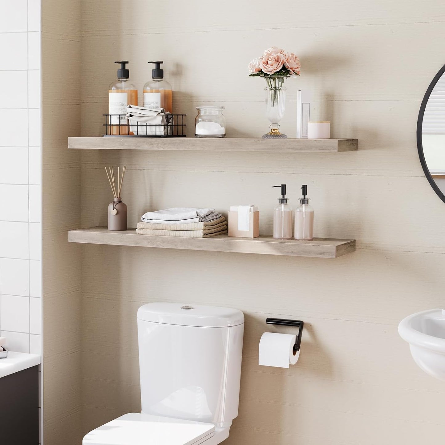 HOOBRO Floating Shelves for Wall, Wall Mounted Shelf Set of 2, 39.4" Hanging Shelf with Invisible Brackets, for Wall in Bathroom, Bedroom, Toilet, Kitchen, Living Room, Office, Greige BG100BJP201