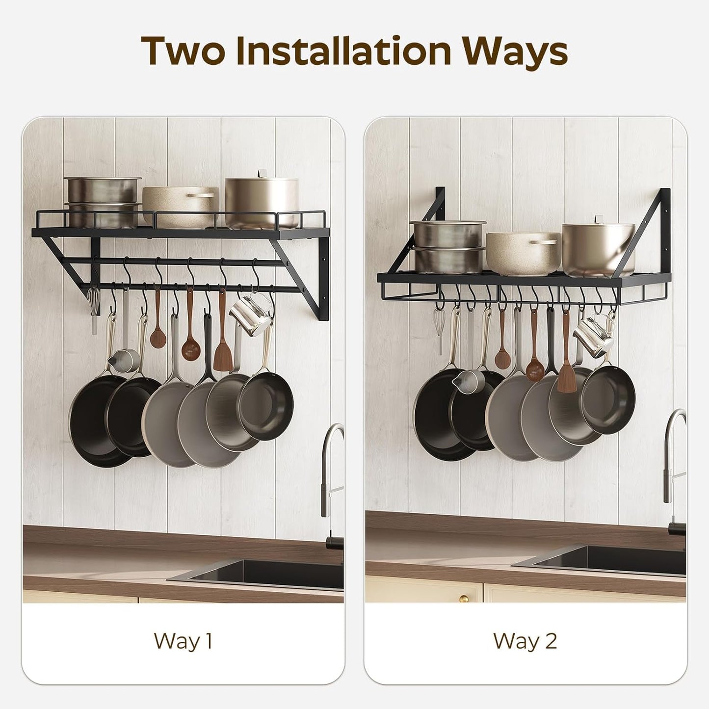 Wall Mounted Pot Rack, 23.8 Inch Pot and Pan Organizer with 2 Tier Hanging Rails, 12 S-Hooks, Metal Pot Rack for Kitchen Cookware Organizer, Space Saving, for Kitchen Utensils, Black PR01BK