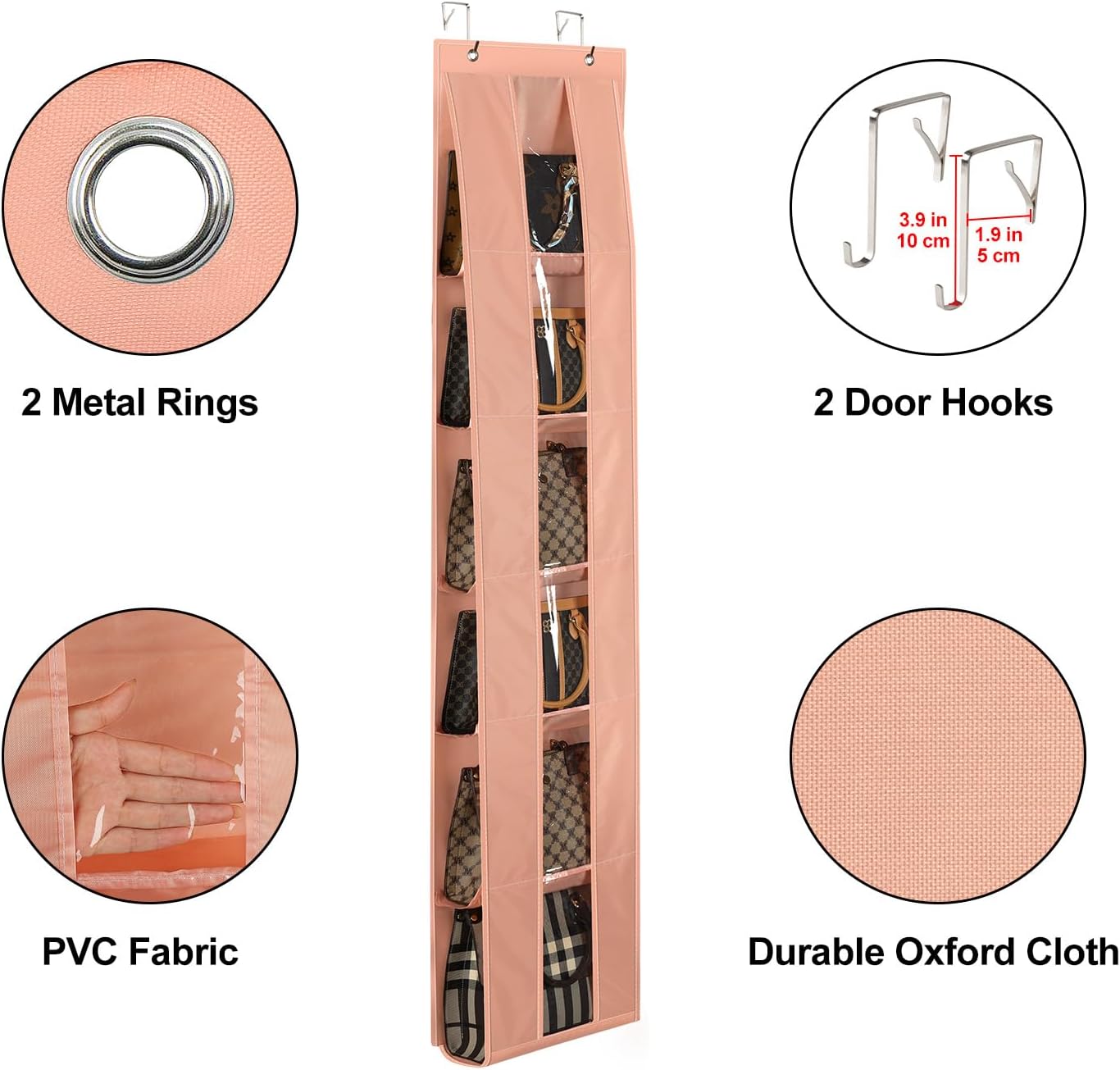 Lirex Over The Door Organizer, 2 Pack Handbag Storage with 6-Tier Space-Saving for Door or Closet, Handbag Hanger, Light Pink