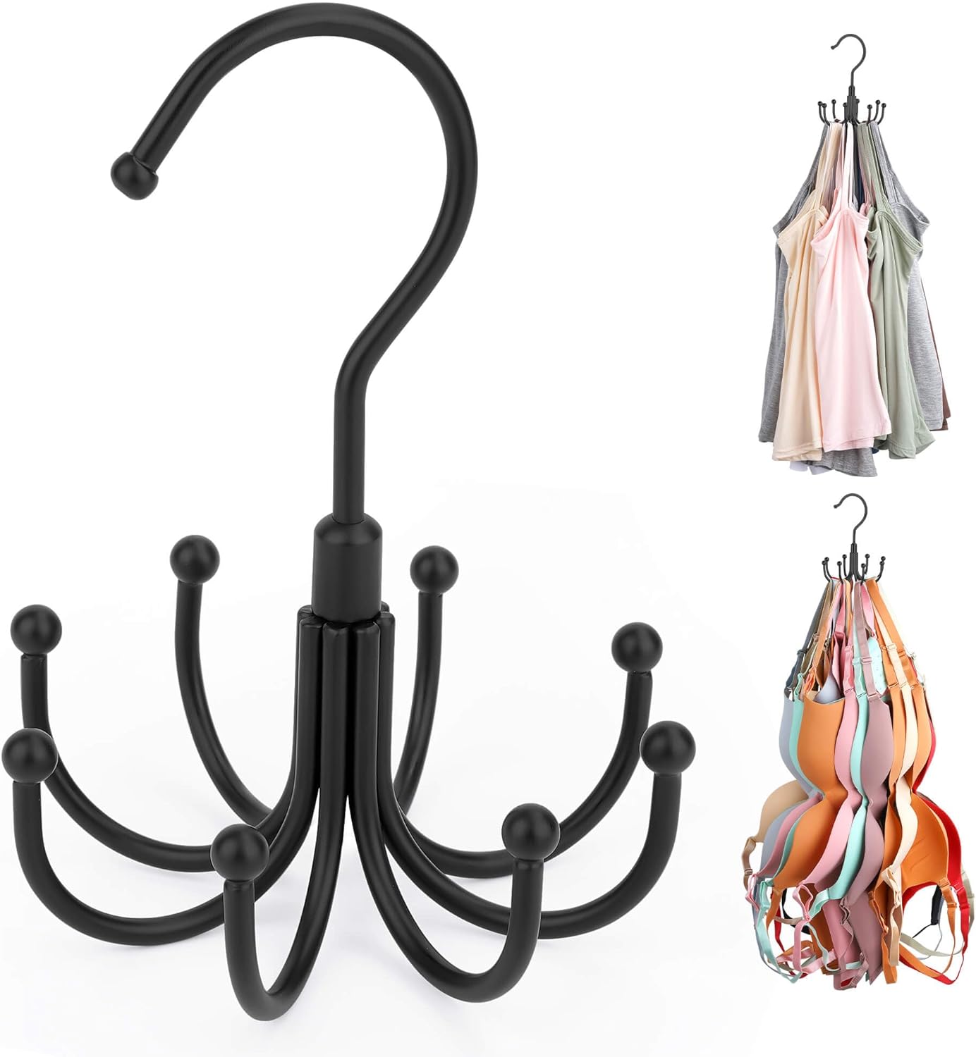 ZEDODIER Tank Top Hanger, Rotatable Bra Organzier for Closet, Max 24 Storage Capacity Sport Bras Holder, Metal Space Saving Closet Organizers and Storage, Black